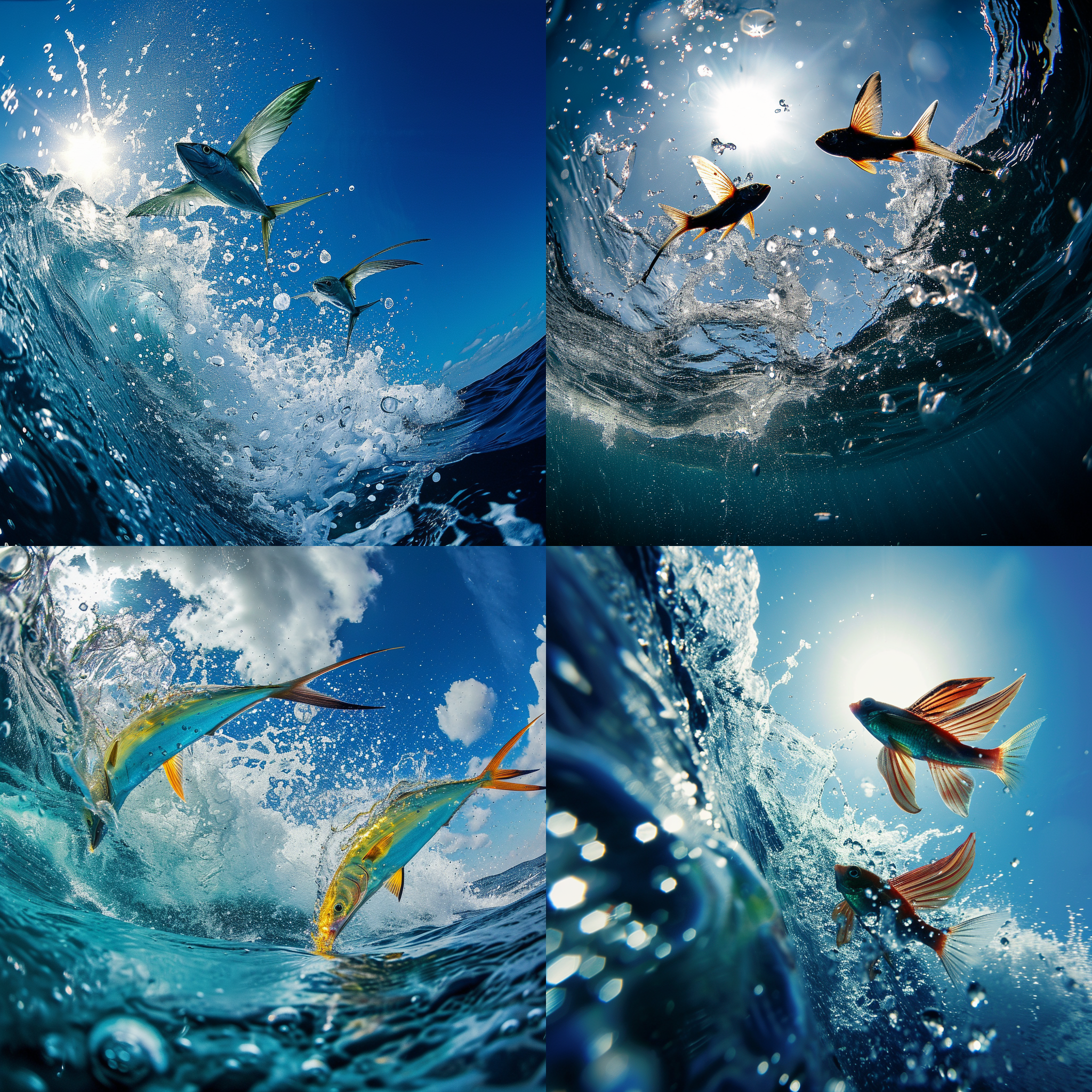 碧蓝的海洋，阳光灿烂下，波涛汹涌的海浪中，两只五颜六色的飞鱼飞出海面。广角镜头捕捉到壮观的景象，高光和阴影形成明暗对比，增强了画面的动感。飞鱼的跃动动作和海浪的喷溅形成了精彩的瞬间。夏日的欢愉和自由自在的感觉洋溢其中。
