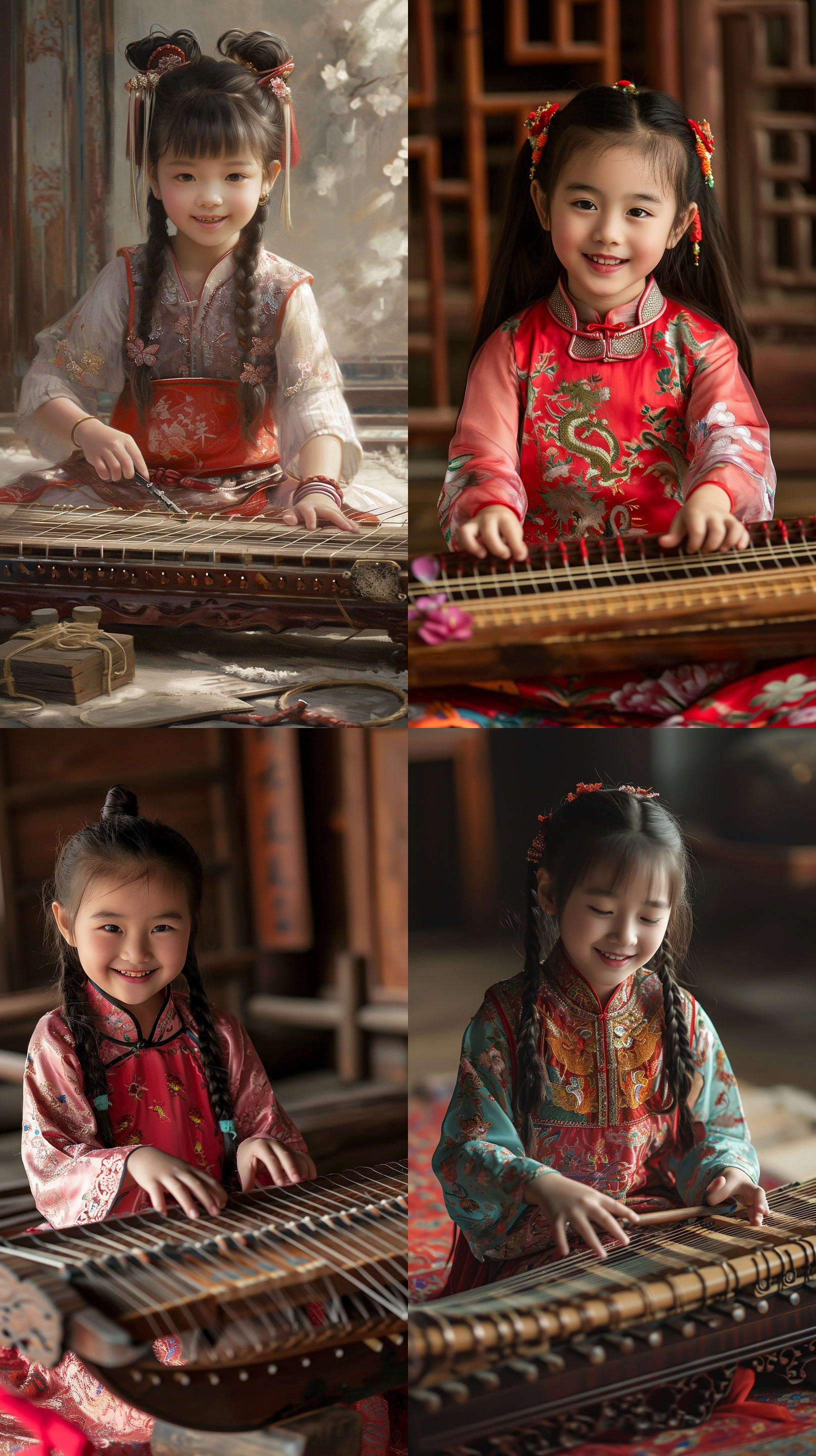 漂亮可爱的六岁中国小女孩 红肚兜 双马尾 微笑 弹古筝 赤足