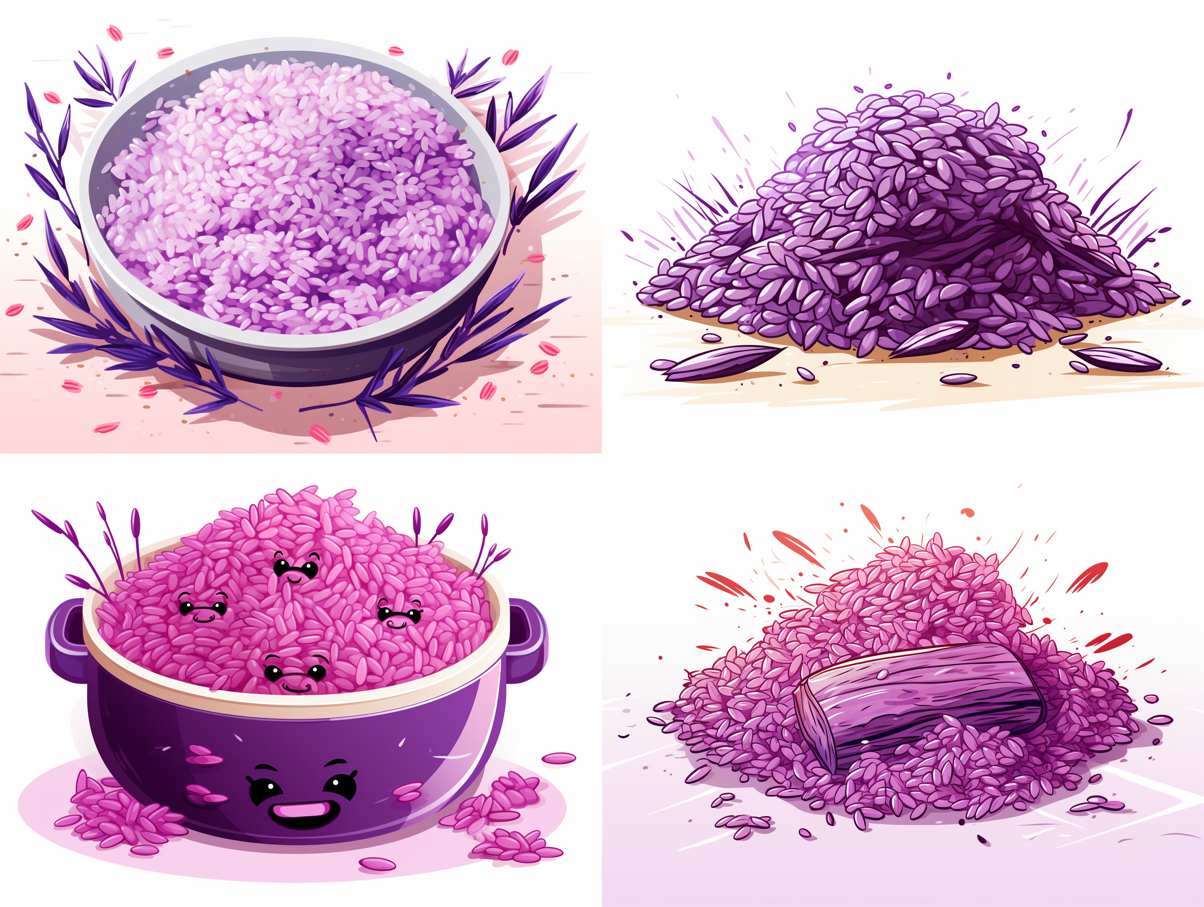 紫色卡通米图片，可爱的线条风格插画，在白色背景下。细节丰富，用广角镜头拍摄，明亮柔和的光线照射。图片中有多个米粒形象，它们表情生动，活泼可爱。紫色的主题色调给人温暖和神秘的感觉。