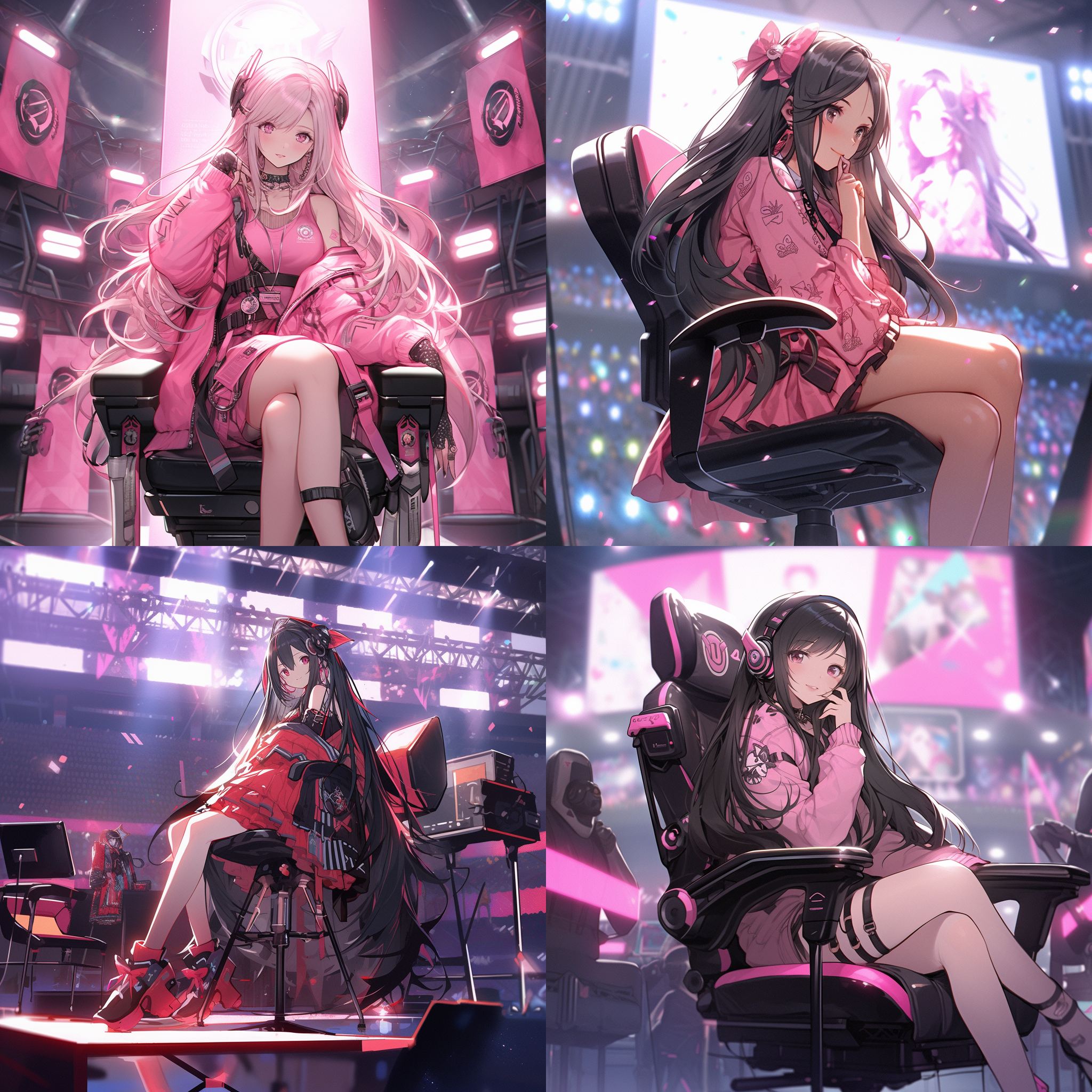 一个20岁的女生，黑色长发，粉色连衣裙，舞台下，电竞椅，坐着，灯光 