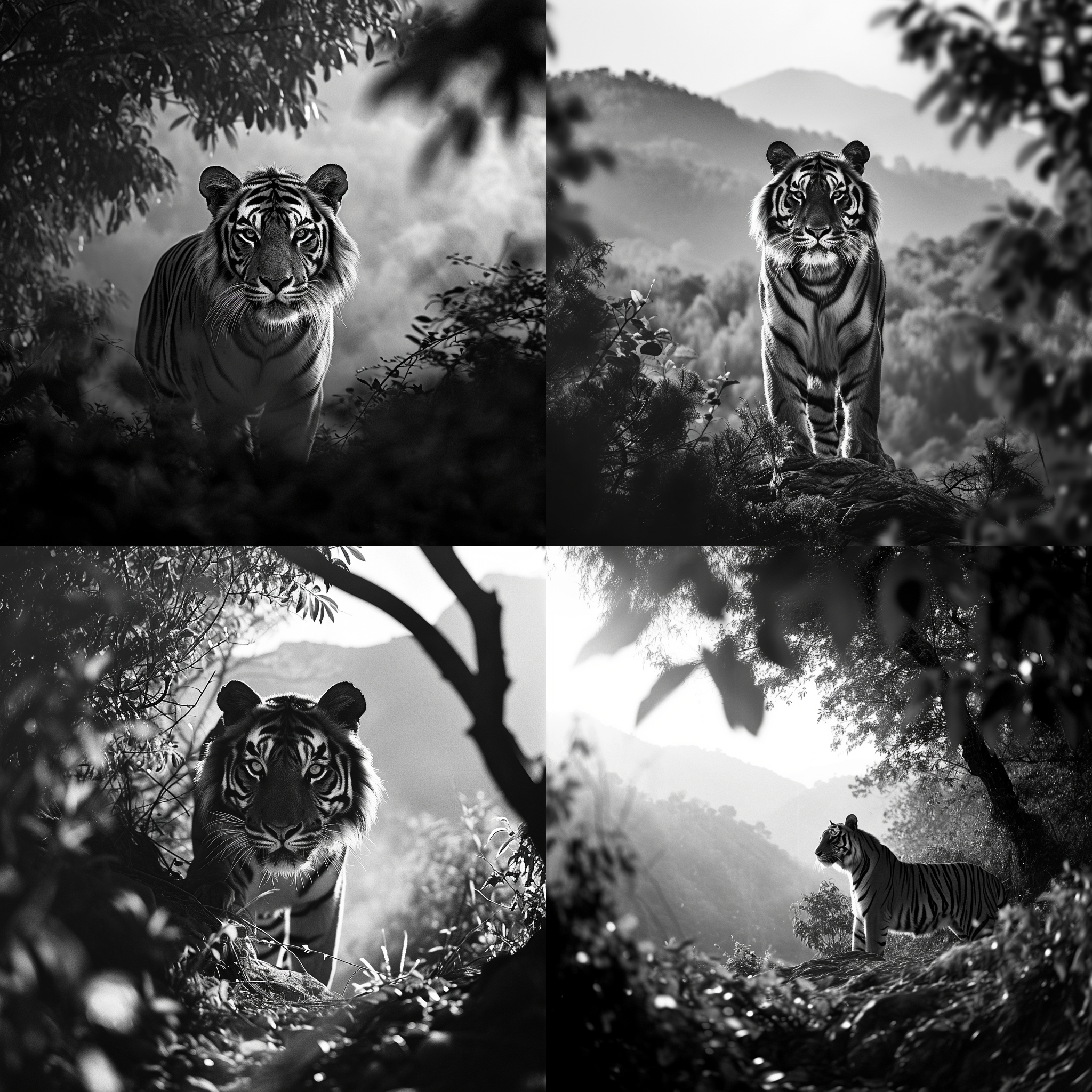 虎年主题照片，森林中，独自一只虎，威严挺立，远处有山脉作背景，阳光透过树叶形成斑驳的光影，黑白风格，长焦镜头，细节清晰，凝视着前方，力量、自信、荣耀。