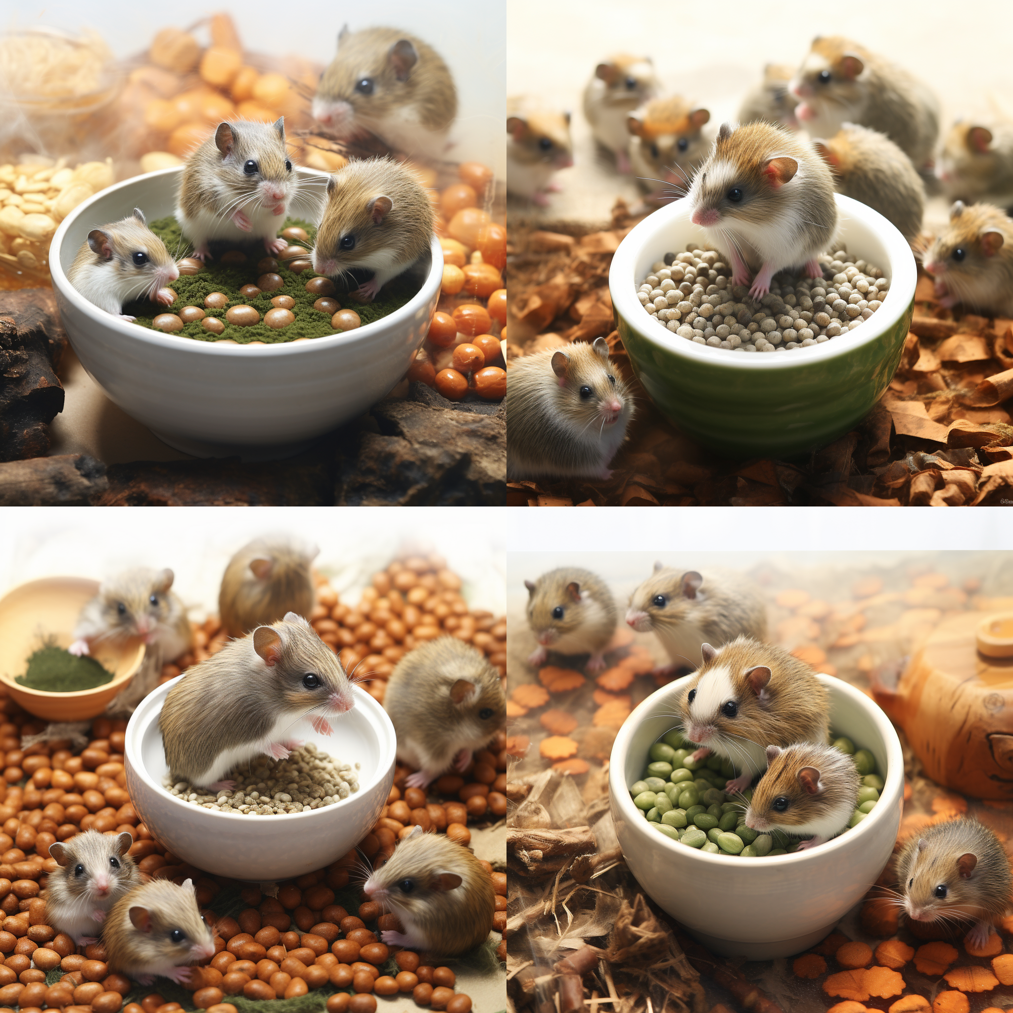 图片1里面松鼠、刺猬、仓鼠、豚鼠像图片2里面仓鼠一样欢快围在图片3火麻仔周围开心吃饭场景图