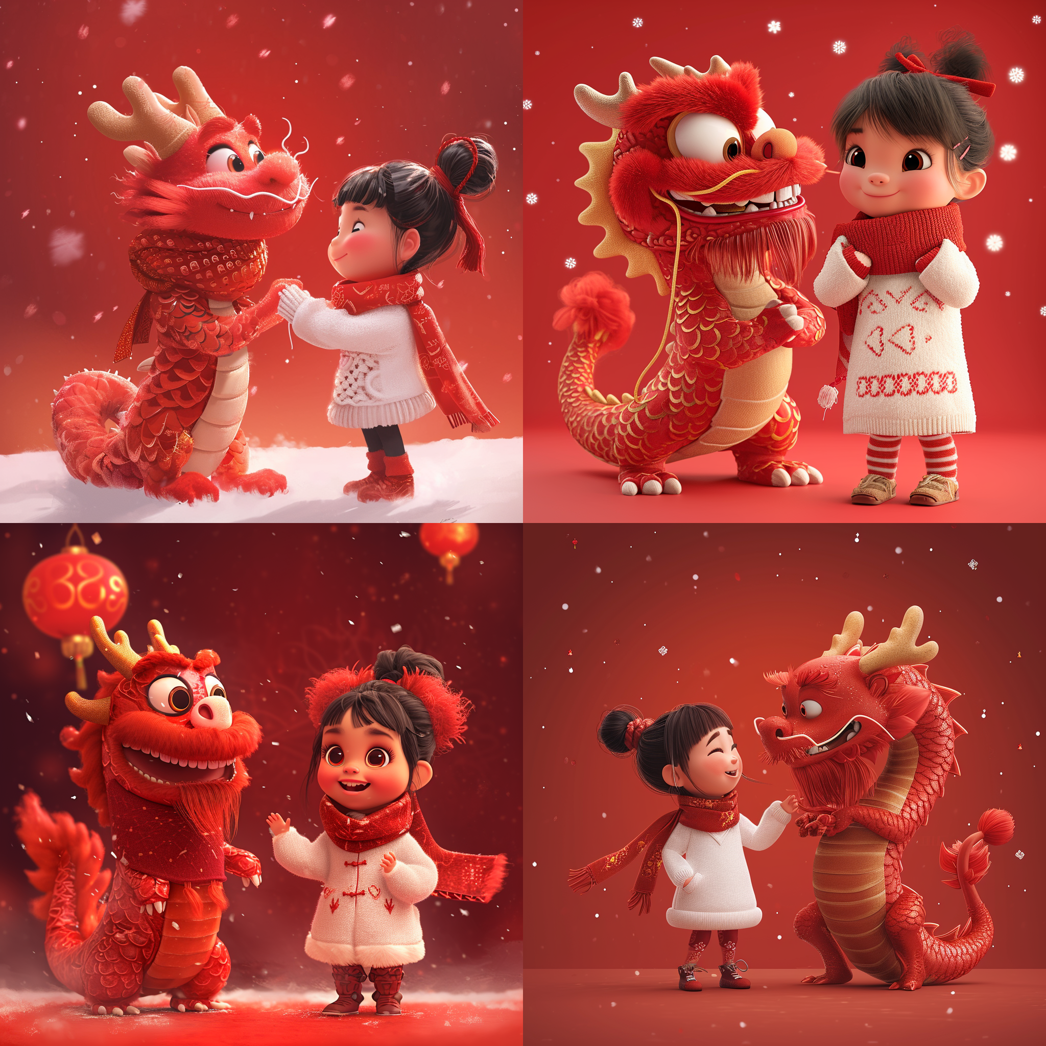 一个可爱的人性化的红色中国龙和一个中国小女孩，皮克斯风格，都穿着人类的白色毛衣，脖子上系着一条大红色的羊毛围巾，做着同样的祝贺动作，大红色的背景，非常喜庆，中国元素，迎接新年