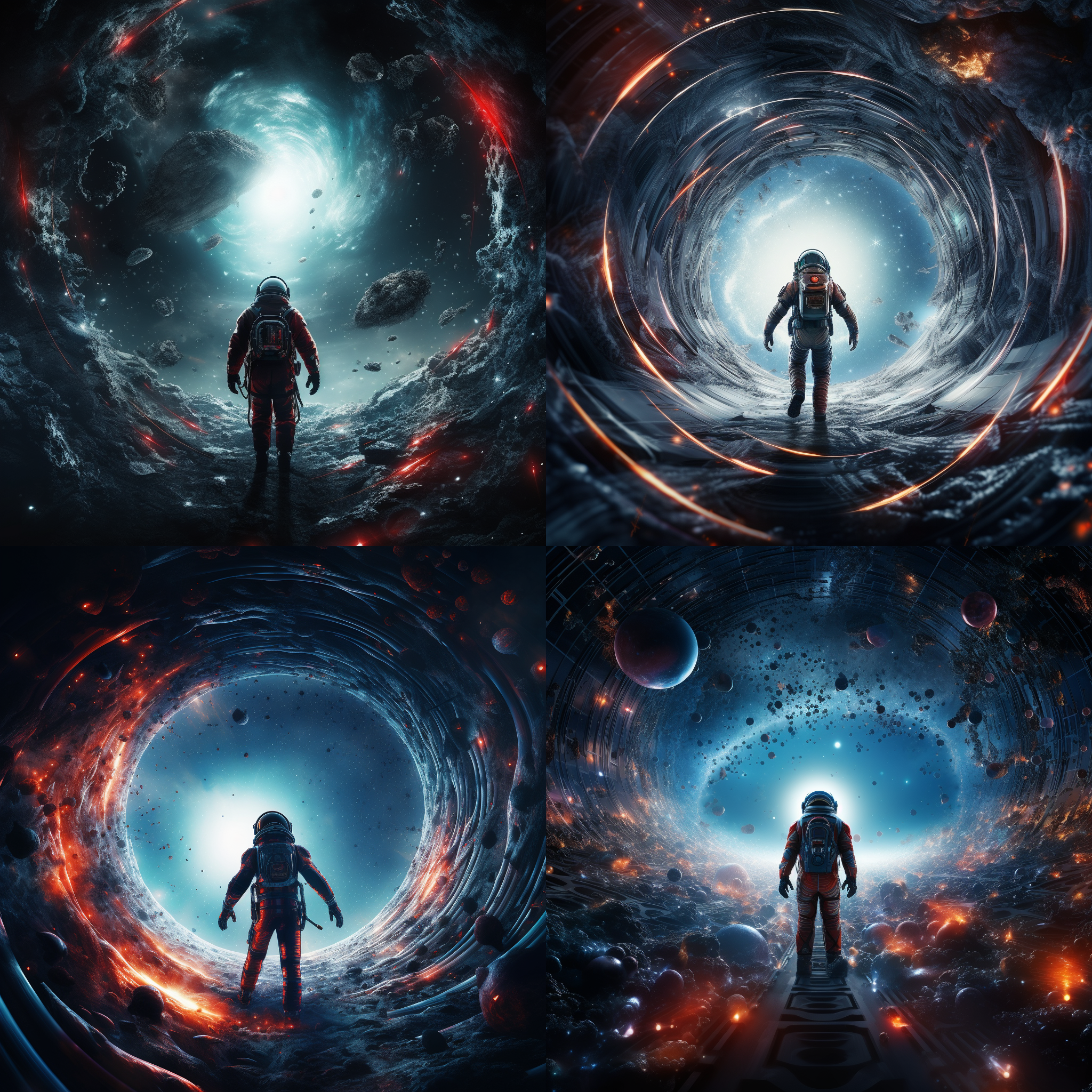 流浪地球，黑洞背景，宇航服人类在太空漂浮，透视构图，冷色调，广角镜头，星光充盈，悬浮动作，无目的漂流，寂静恐惧。