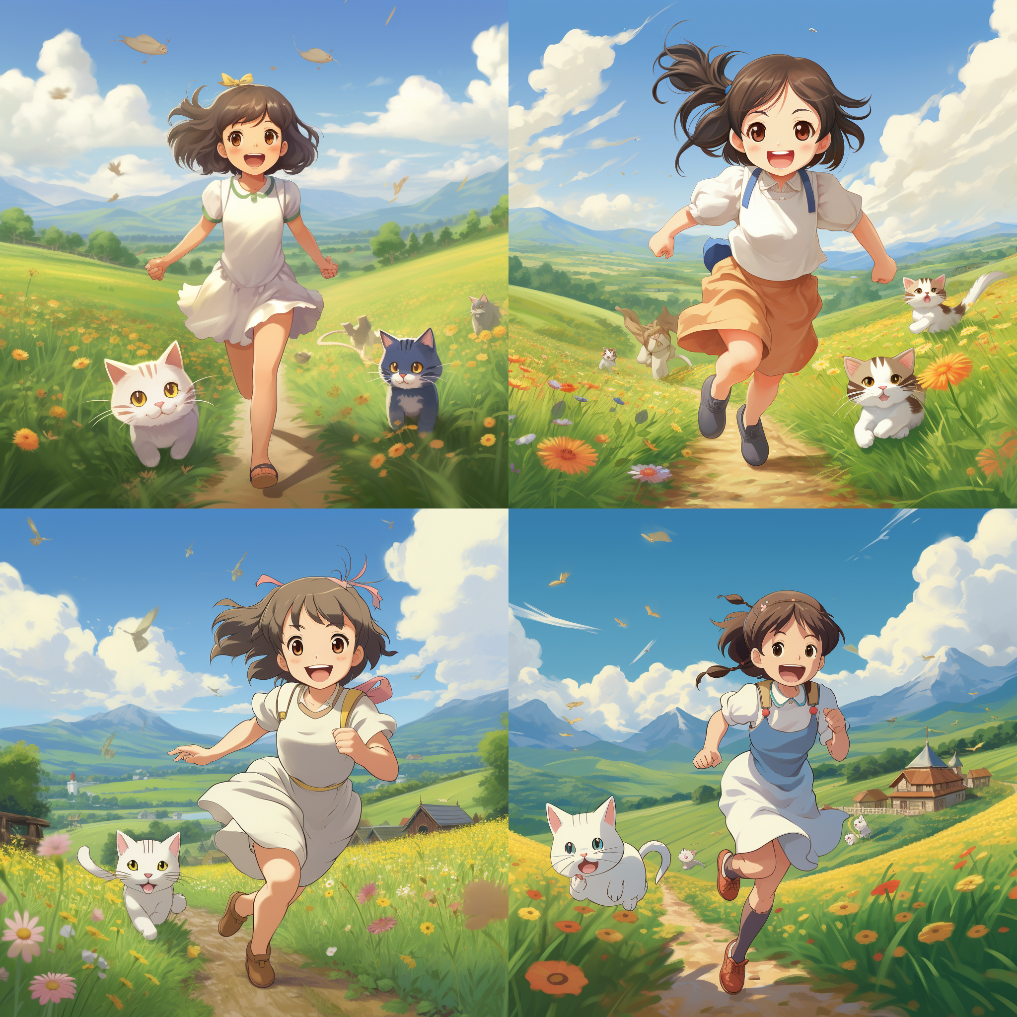 一个漂亮的小女孩在广袤无垠的草原快乐奔跑，身后跟着两只小猫咪，一只矮脚美短猫，一只颜色为白色加梨花色的中华田园猫，猫咪眼睛又大又圆，宫崎骏动漫风格，整个画面色彩饱满，欢快