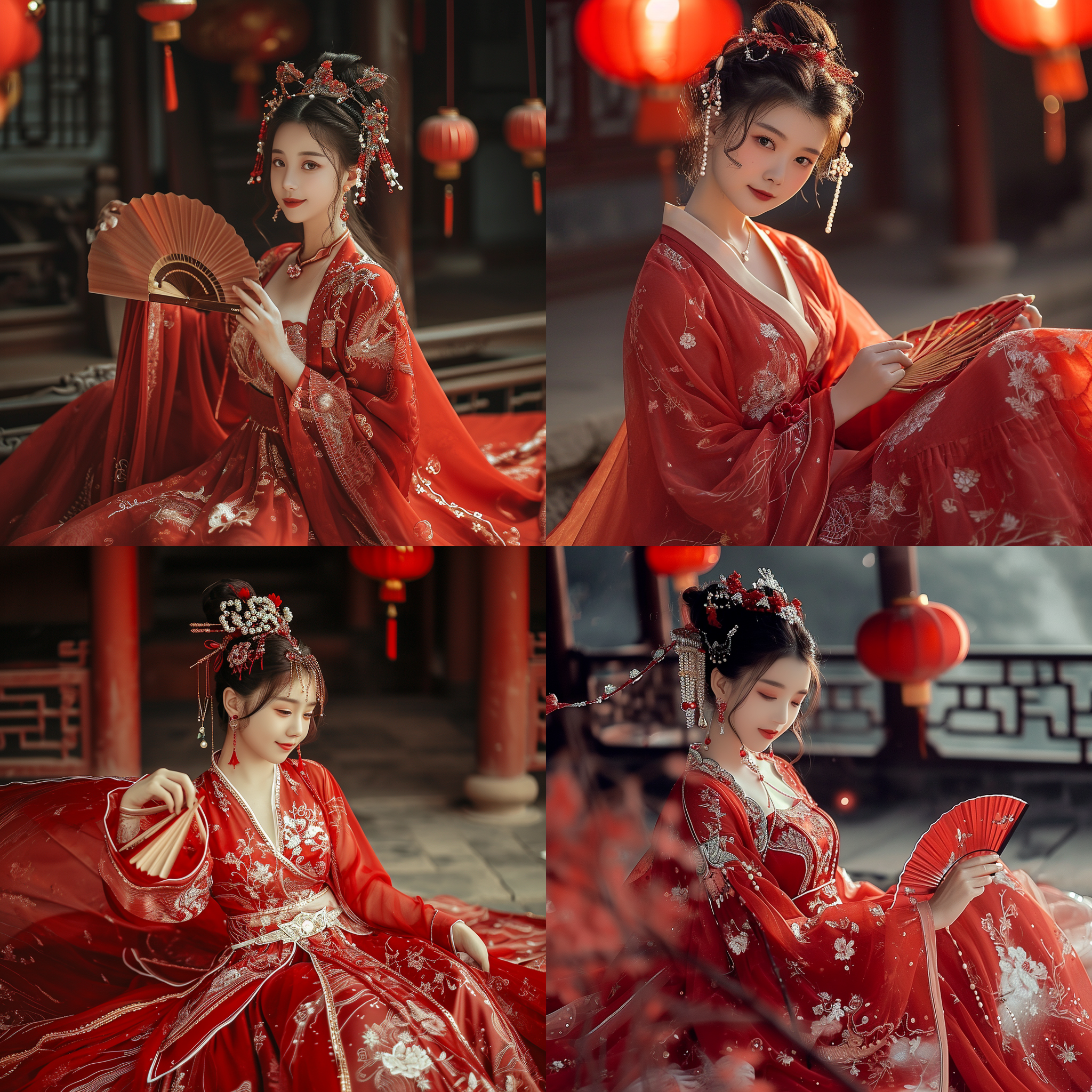古装风格，飘逸的红色汉服，夸张奢华，18岁女孩，头发高高盘起，珠钗华丽，坐在蒲团上，正面看着前方微笑的表情，手里拿着扇子，裙子铺满地面，脚穿一双红色的绣花鞋，裙子边缘清晰可见 风吹着飘带飞舞，极尽奢华 ，景深，背景高高的中式楼阁背景，夜景，高高的红灯笼，逼真的画面，真实的场景，华丽的场景，奢华的场景，长焦镜头，柔光，动态姿势，细节丰富，红色主调，古典氛围