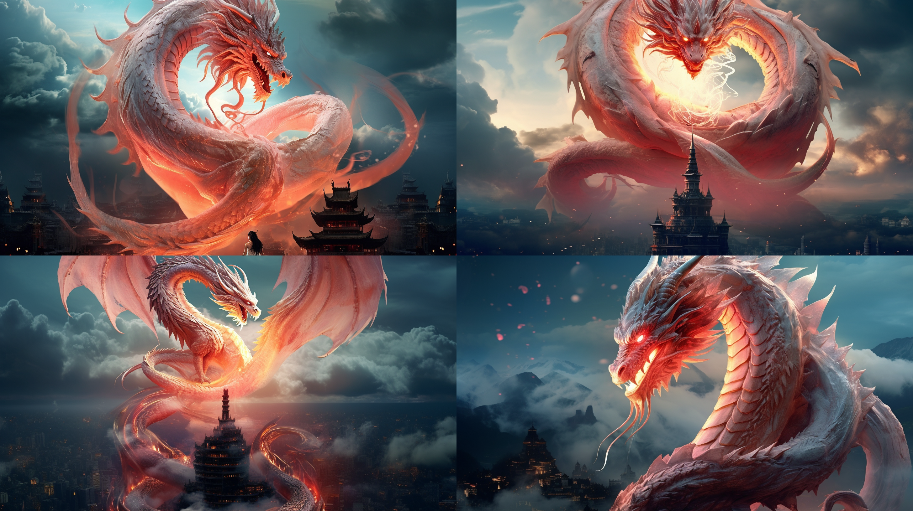 a white majestic dragon is hovering in the city sky, depicted in a fantastical style. the composition of the image is symmetrical. this is an aerial photography with a wide-angle lens, highlighting the dragon's majesty and power. high lights, low saturation, and rich details are used for this visualization. the dominant color theme is white, with city lights and buildings adding to the spectacular atmosphere. 