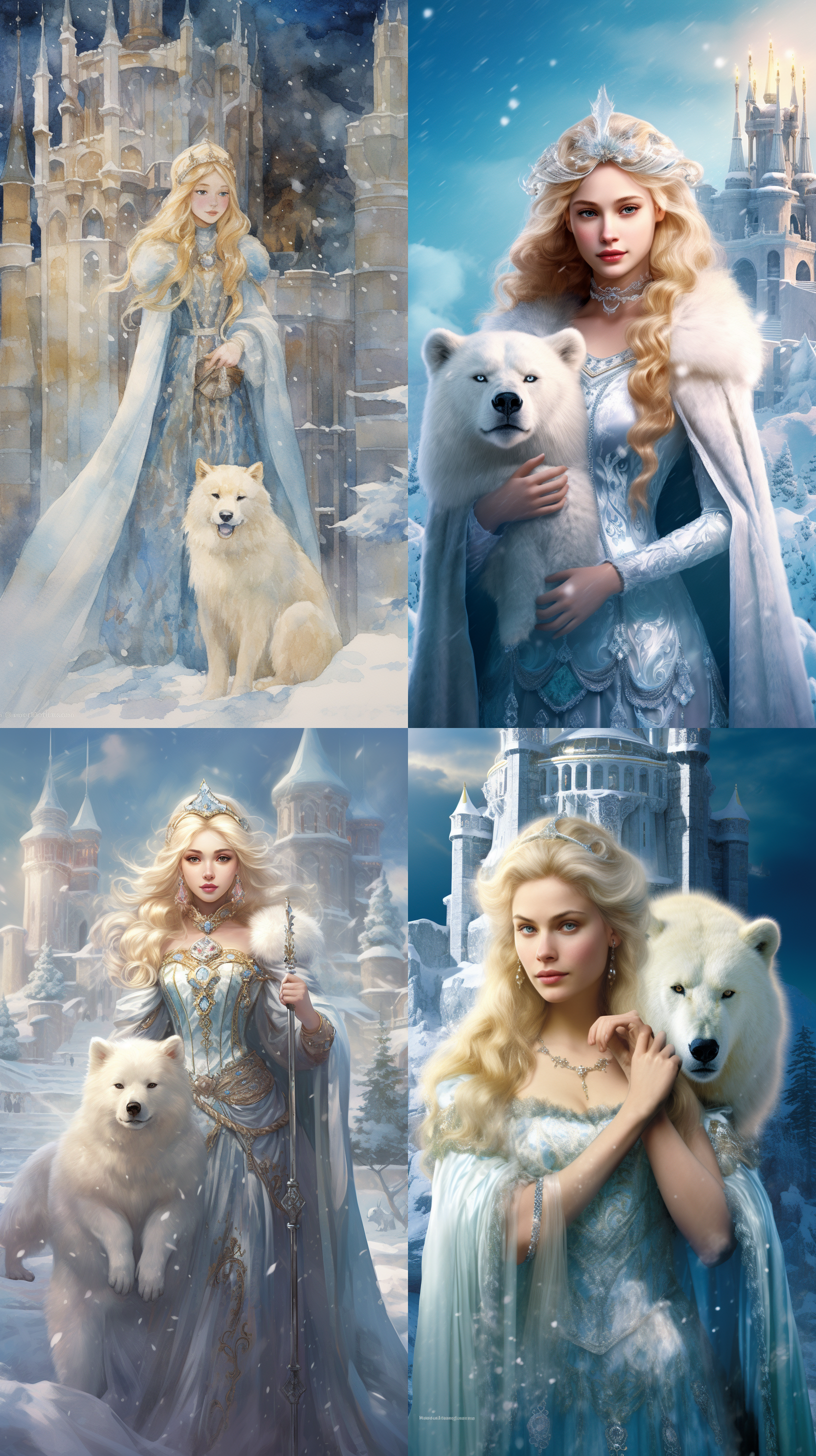 在冰天雪地里，雪之女王长长的金色头发，戴着王冠，蓝色迷人的眼睛，皮肤发着的光，手里拿着金色的权杖，旁边有一只雪白的熊，是她的宠物，背景是梦幻城堡，大场景，人比较小，真实的人，真实的熊，相机正面拍照，正面机位，图片高清