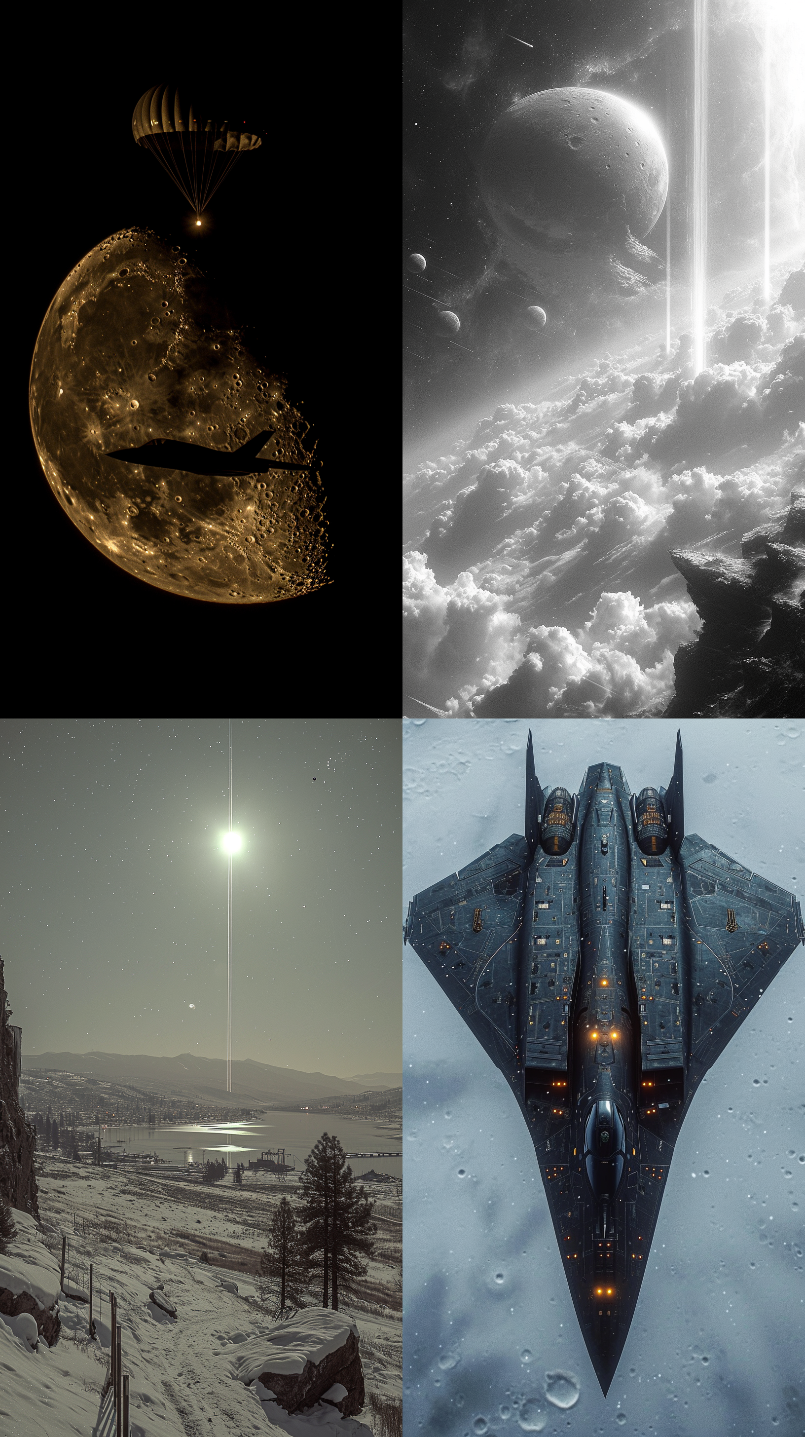 五角大楼，月亮两次曝光，f117巡航，降落伞，100米俯视，远处星舰升空 