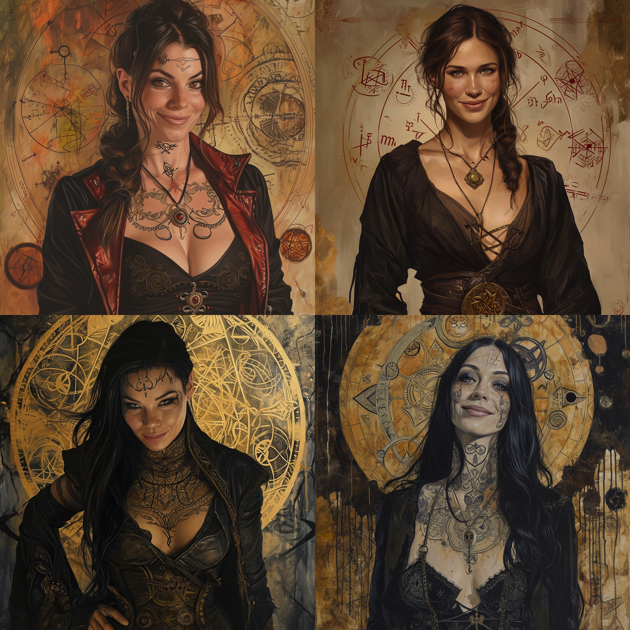 oil painting style, intricate detail, fantasy character, pathfinder, d&d, female human psychic, upper body, sly smile, intricate tattoos, low-cut robes, leonardo da vinci style drawings of arcane symbols and circles in background 