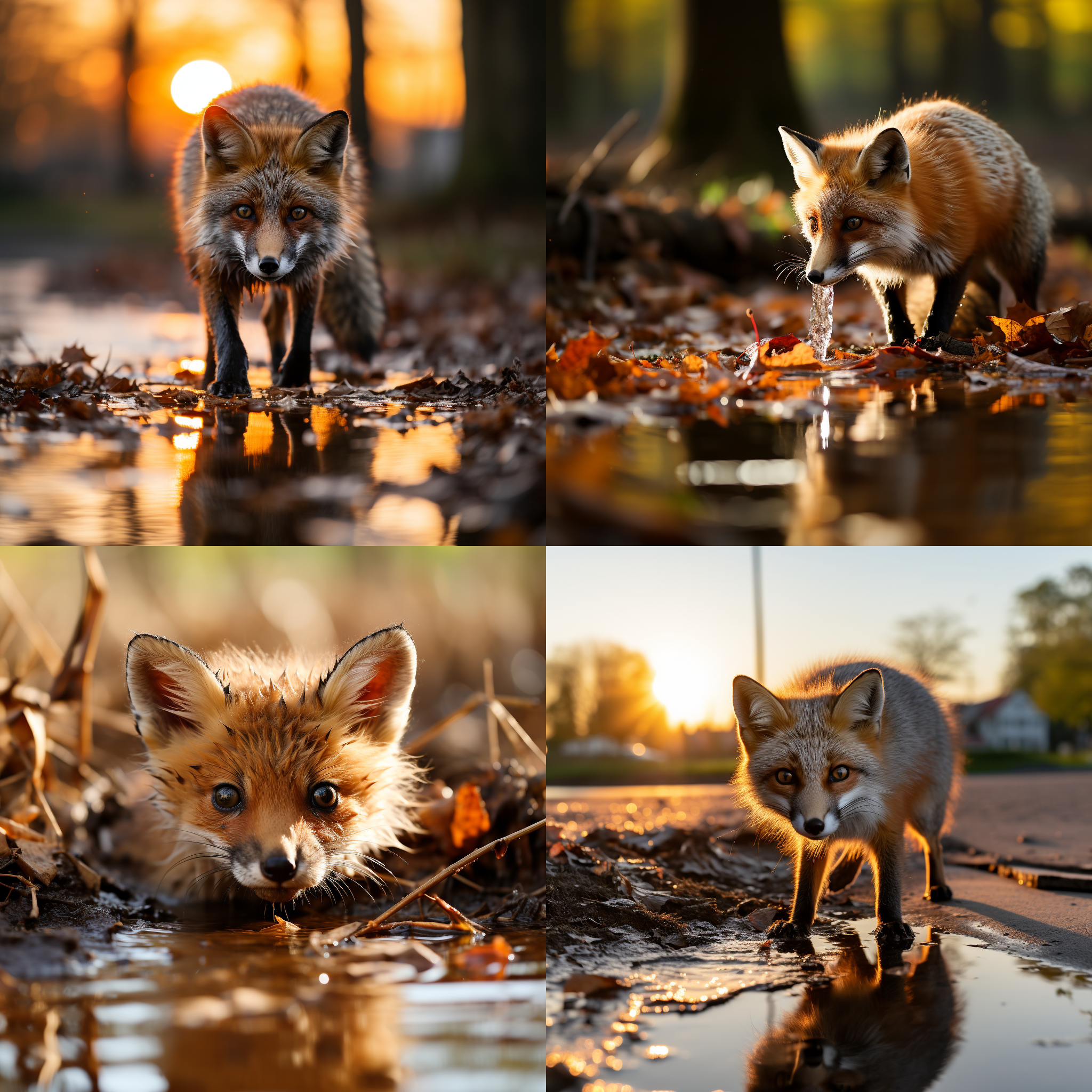 一只狐狸在喝水，特写，狐狸的眼睛看镜头，倒影
