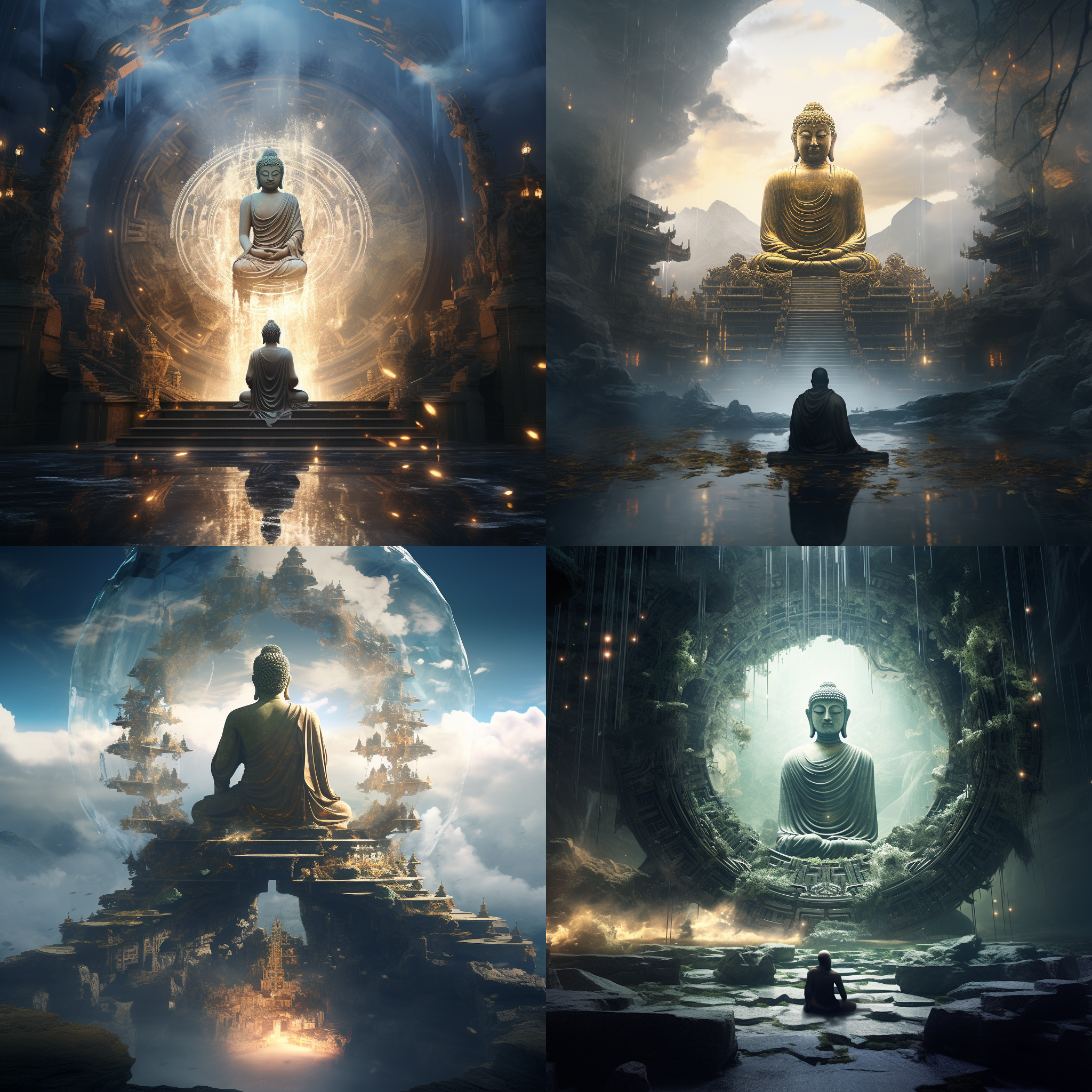 one image of an imaginary scene around a buddha, in the style of dmitry vishnevsky, interlocking structures, marcin sobas, realistic detailing, crystalcore, infinity nets, transportcore