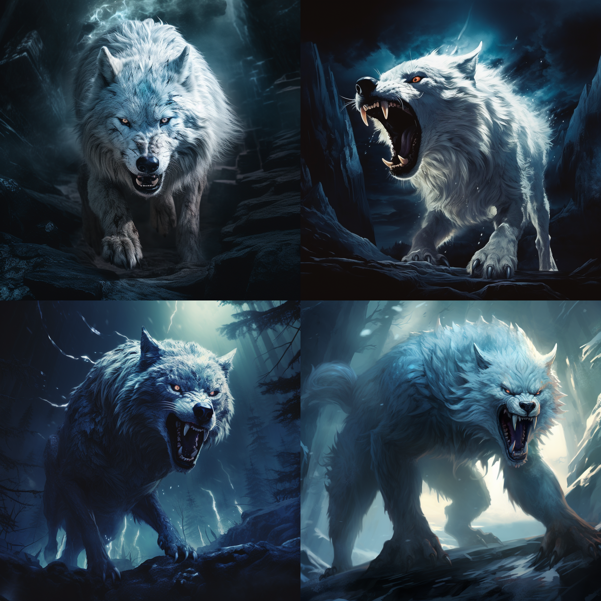洁白月光下，蓝条纹狼王仰天咆哮。高角度俯拍，山林环绕，广角镜头，巨大身躯填满画面，逆光照射，冷色调，强烈对比，动态冻结，张牙舞爪，震撼人心。