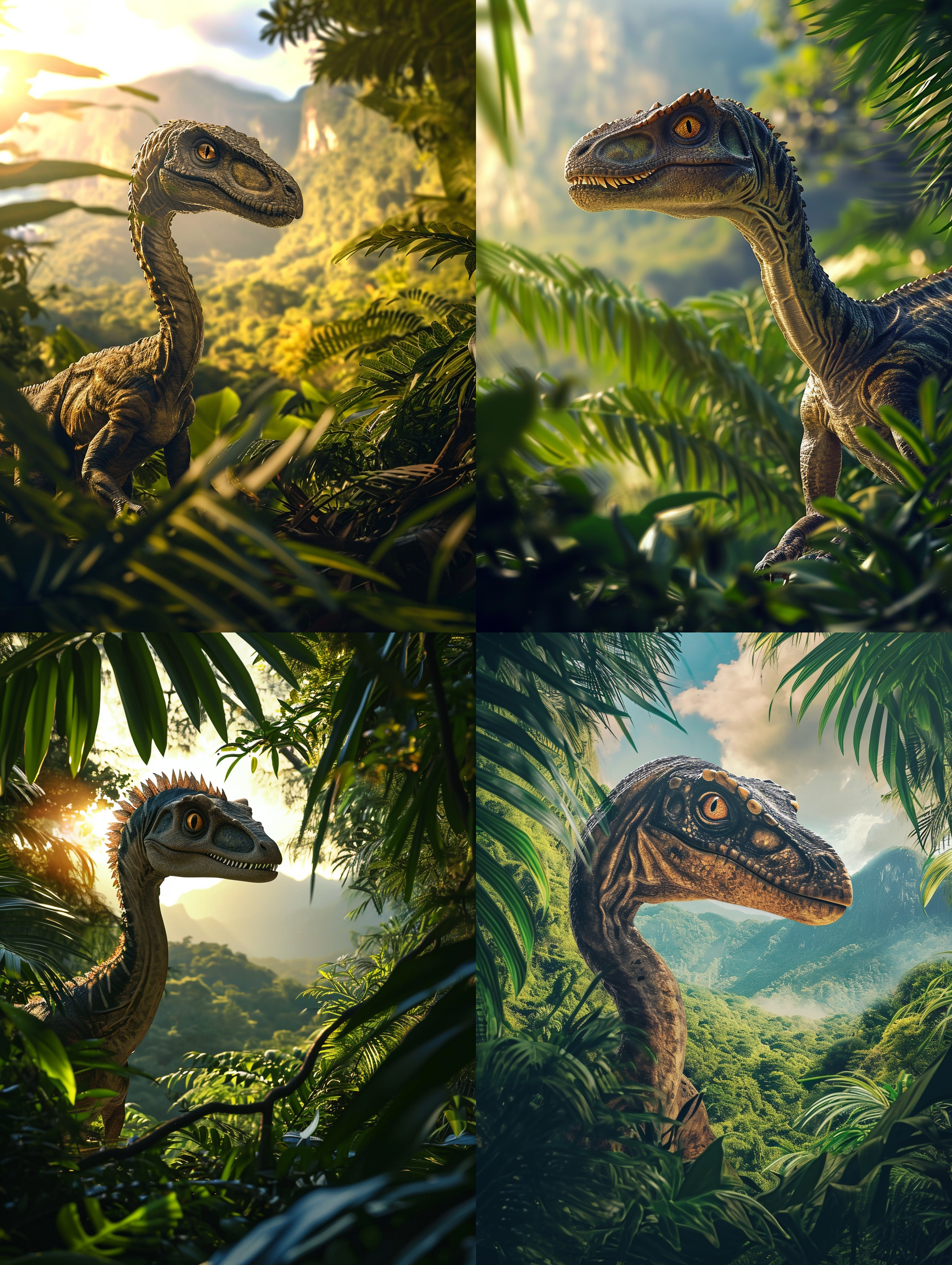 侏罗纪coelophysis，一只迅猛龙类恐龙，站在郁郁葱葱的丛林中，透过树叶的缝隙洒下的阳光照亮了它的身躯。远处的山脉勾勒出壮丽的背景，给整个画面增添了神秘感。细腻的细节展现了其鳞片和锋利的牙齿。高动态范围，自然光，中焦镜头，威武，原始，绿色，震撼。