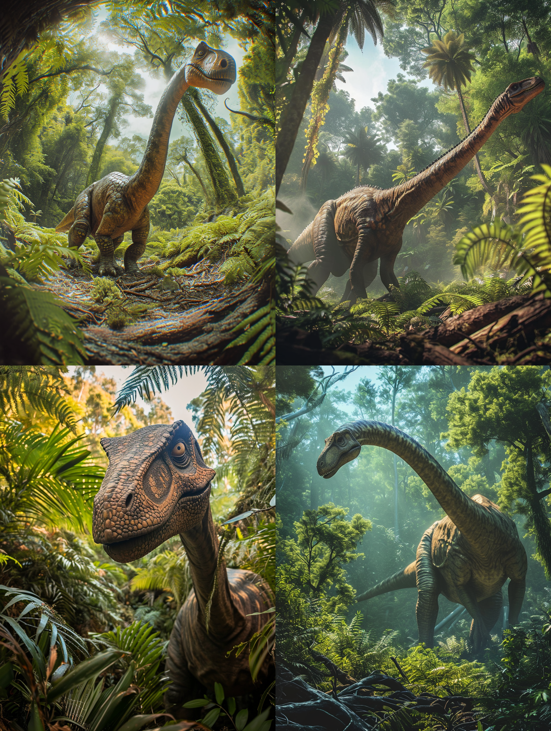 侏罗纪场景中，一只巨大的muttaburrasaurus站在茂密的古代森林中。画面采用鸟瞰角度，展现了恐龙的壮丽身姿和周围环境的广袤。使用鱼眼镜头，突出了景深效果，色彩饱满，强调绿色植被和恐龙的生机。光线柔和，照亮了恐龙的鳞片，营造出神秘而震撼的氛围。
