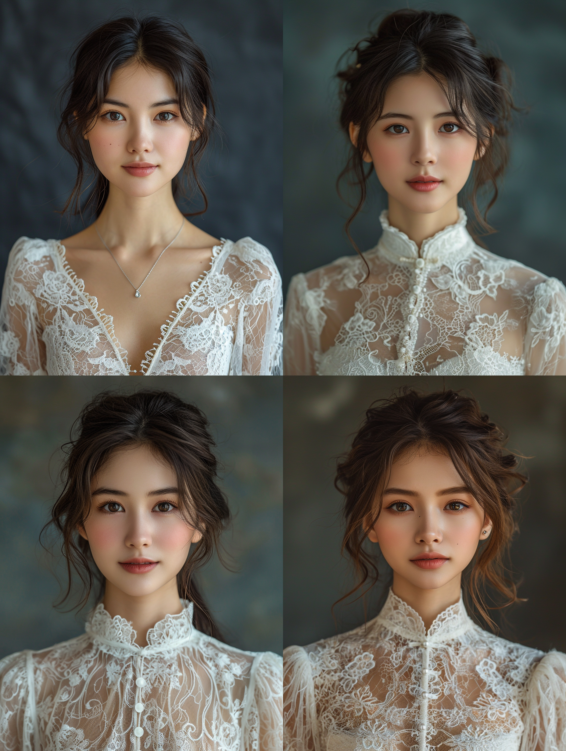 a beautiful girl,25-years-old,chinese,smile,white lace dress,lace trimming,studio,gradient dark background,front view,symmetrc,rembrandt lighting,ultra realistic