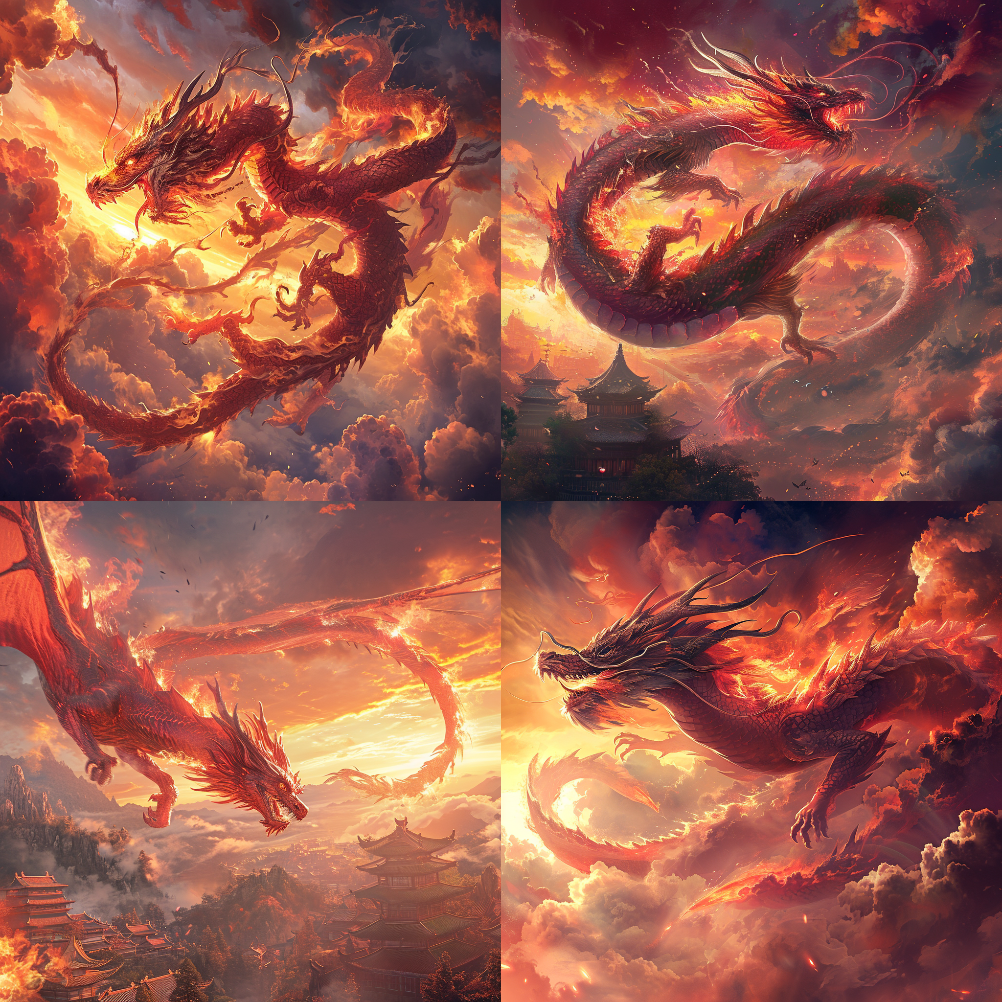 create a midjourney artwork featuring a majestic dragon soaring through the sky in a chinese traditional style with fiery flames, vibrant red colors, an epic wide shot perspective, extremely detailed quality, and an aspect ratio of 16:9, using model version 5.