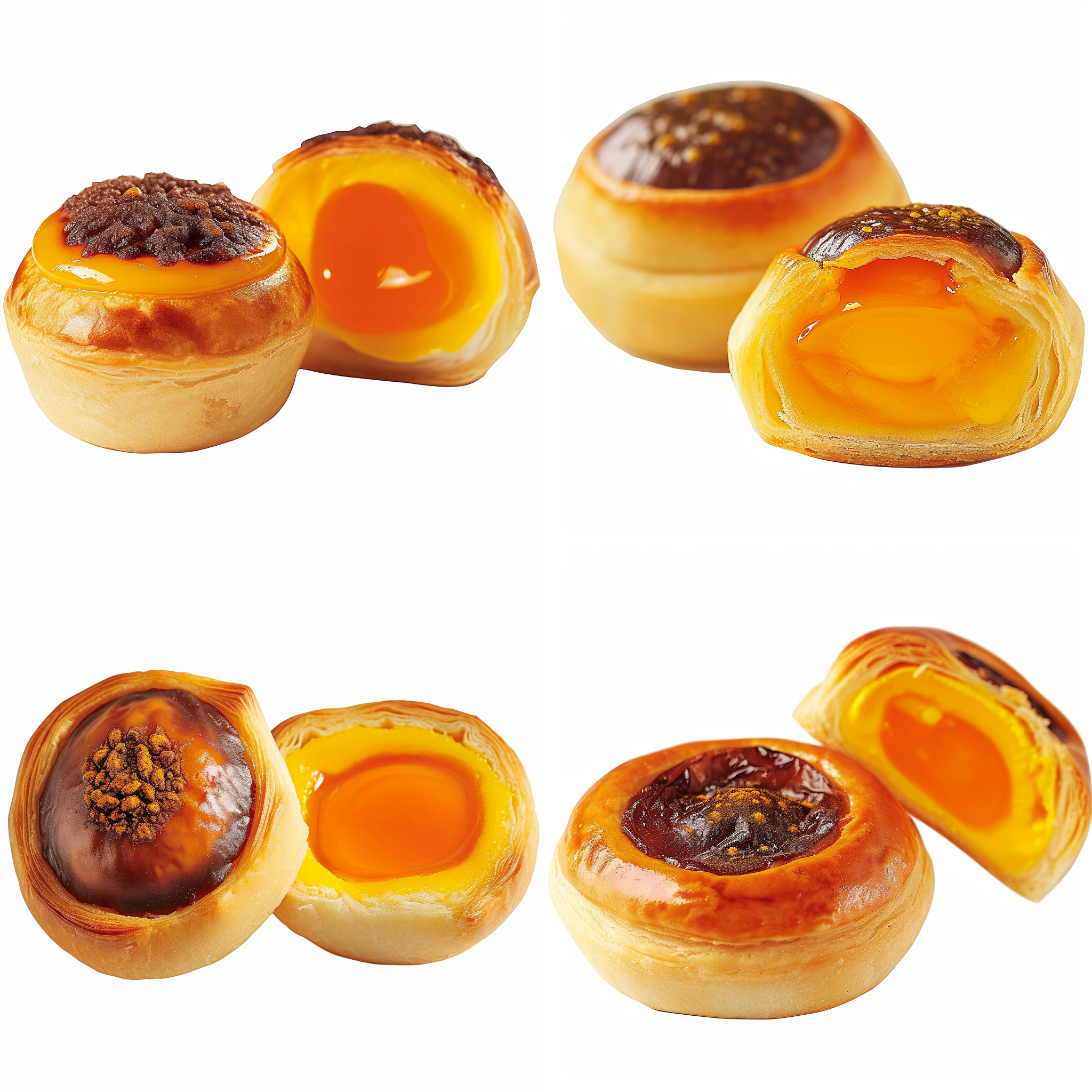 蛋黄酥，明亮环境，微距镜头，高清，柔光，温暖色调，细节丰富，鲜艳颜色，诱人，白色背景，纯色背景