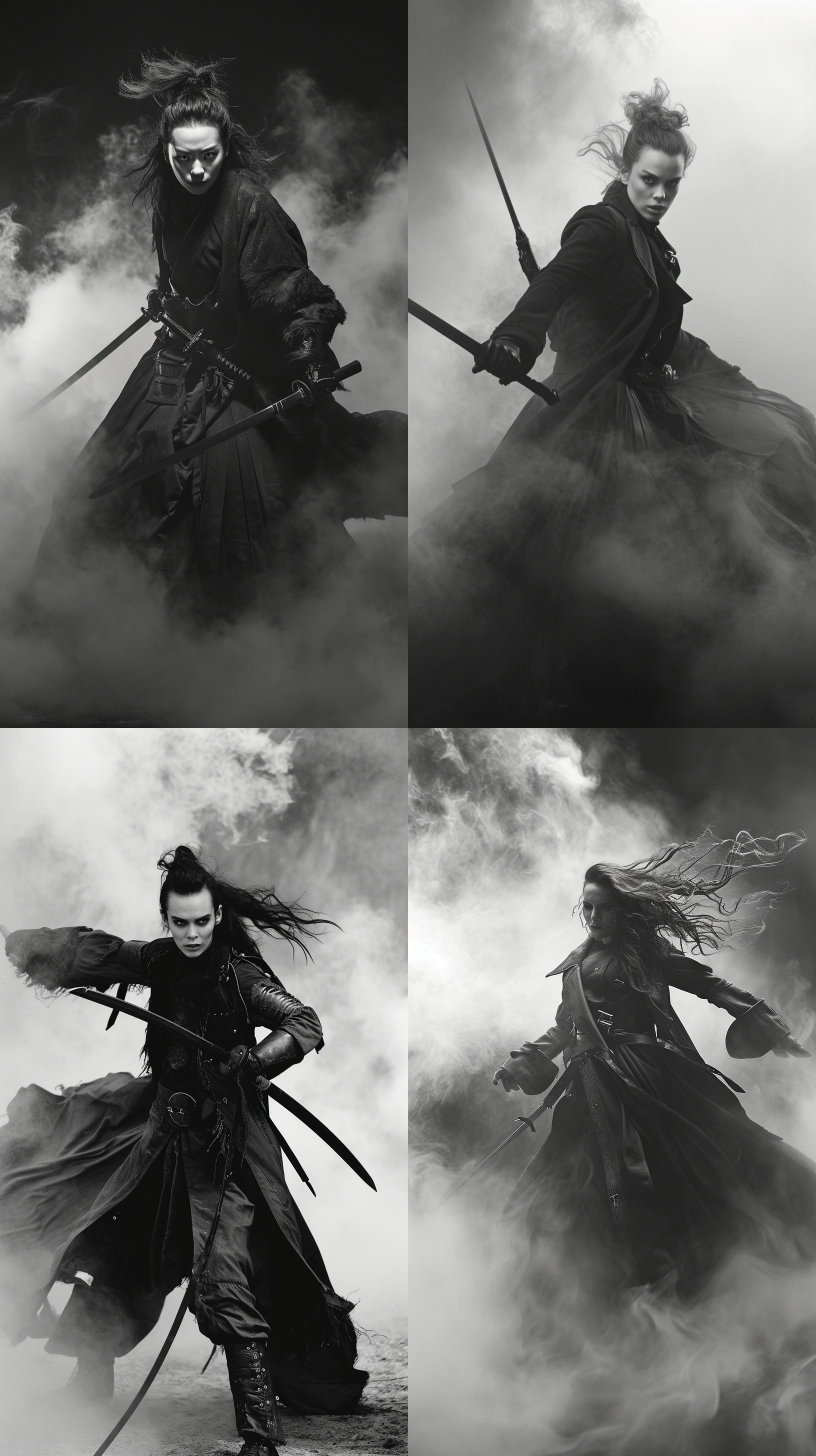 古代女将军，英姿飒爽，全身中装朋克，对战沙场，眼神恐怖，披风飘动，烟雾弥漫，黑白色调，广角镜头，高速快门，剑舞动作，威武霸气。 全身