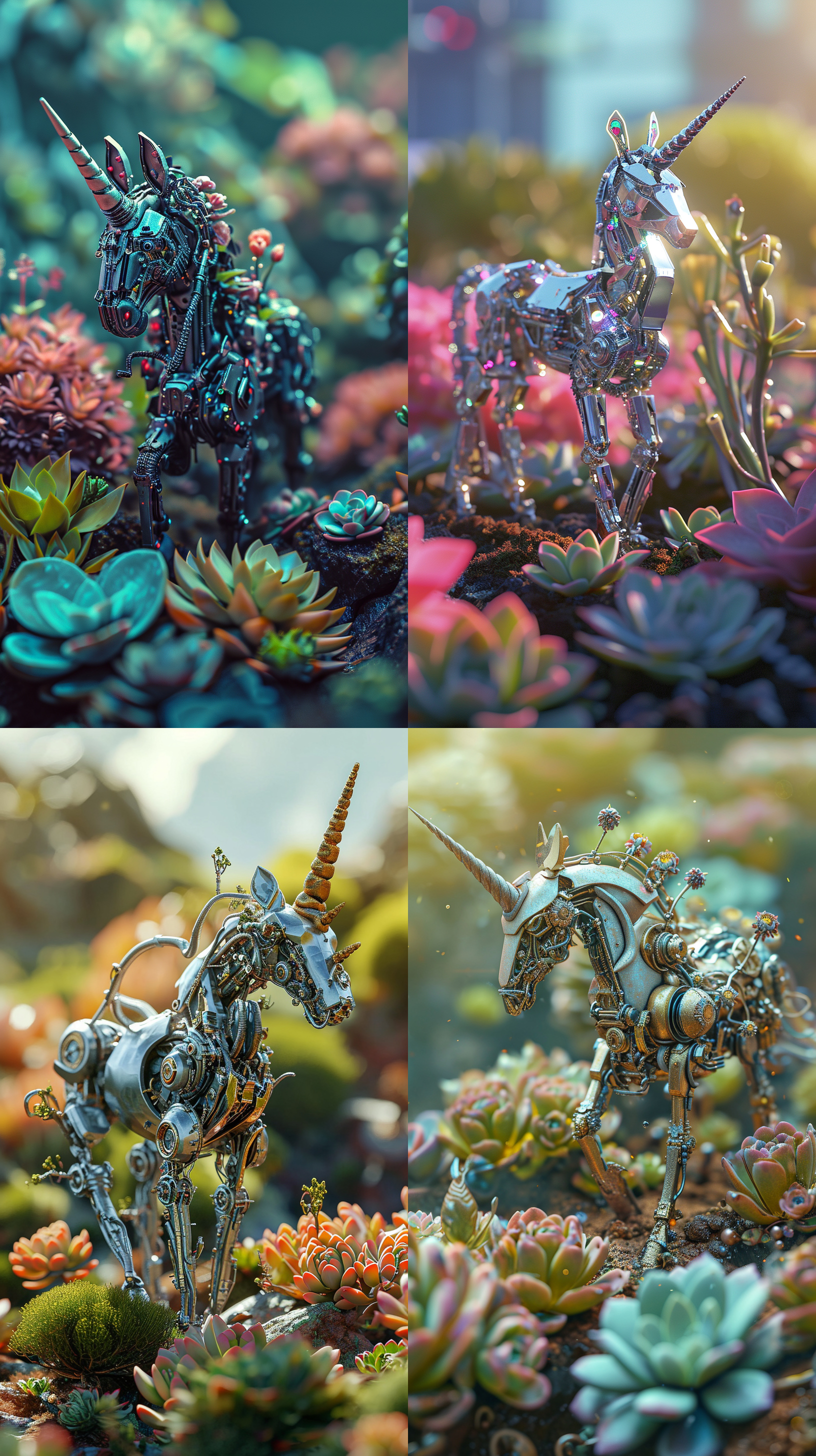 微景观，多肉植物上一只独角仙机器人，栩栩如生，科技感机械造型，赛博朋克，结构清晰细节丰富，3d模型，精细结构，对比强烈，环境清晰，高光表现，细腻色彩，饱和度高，神秘氛围。