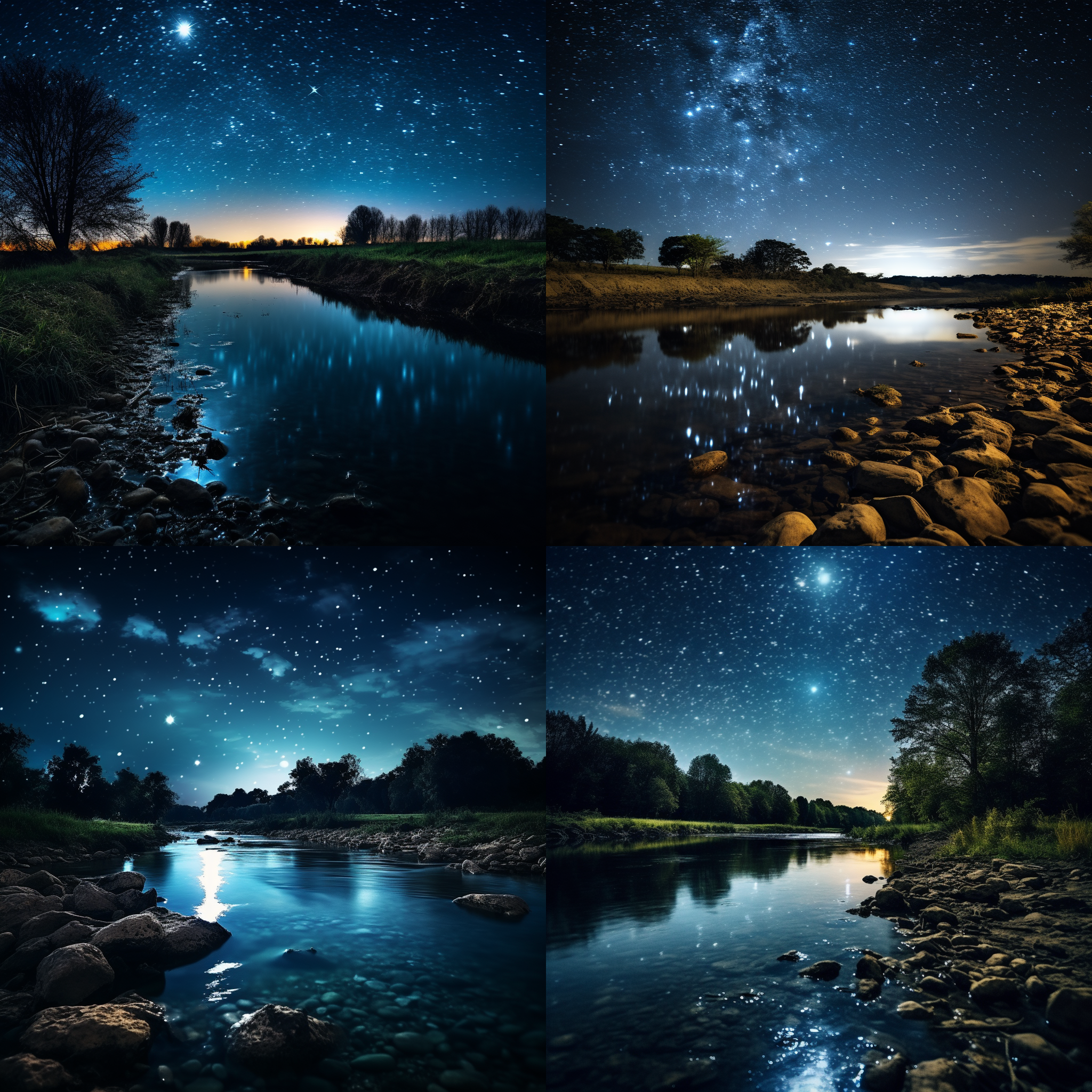 星空闪烁，河流蜿蜒。对角线构图，广角镜头，展现宇宙与河水对比。光线柔和温暖，创造宁静感。夜晚的神秘与向往情感。