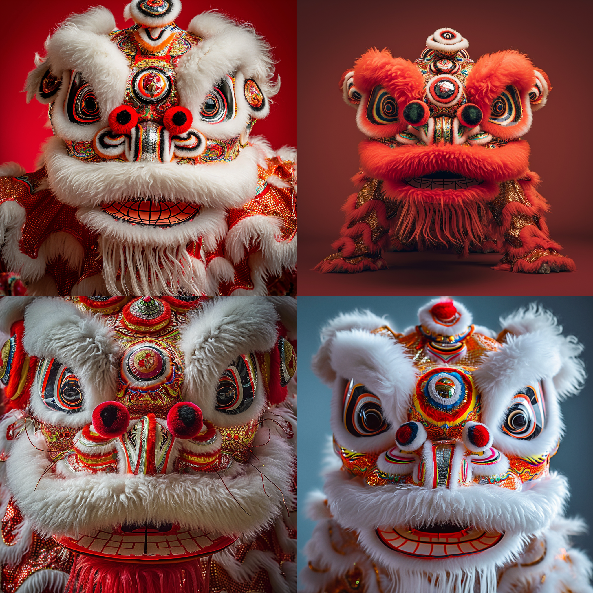 中国舞狮的传统醒狮，前视角，对称构图，纯色背景，广角镜头，高饱和度，明亮对比，丰富细节，表情可爱，活力四溢，威武庄重，多彩斑斓，喜庆氛围。