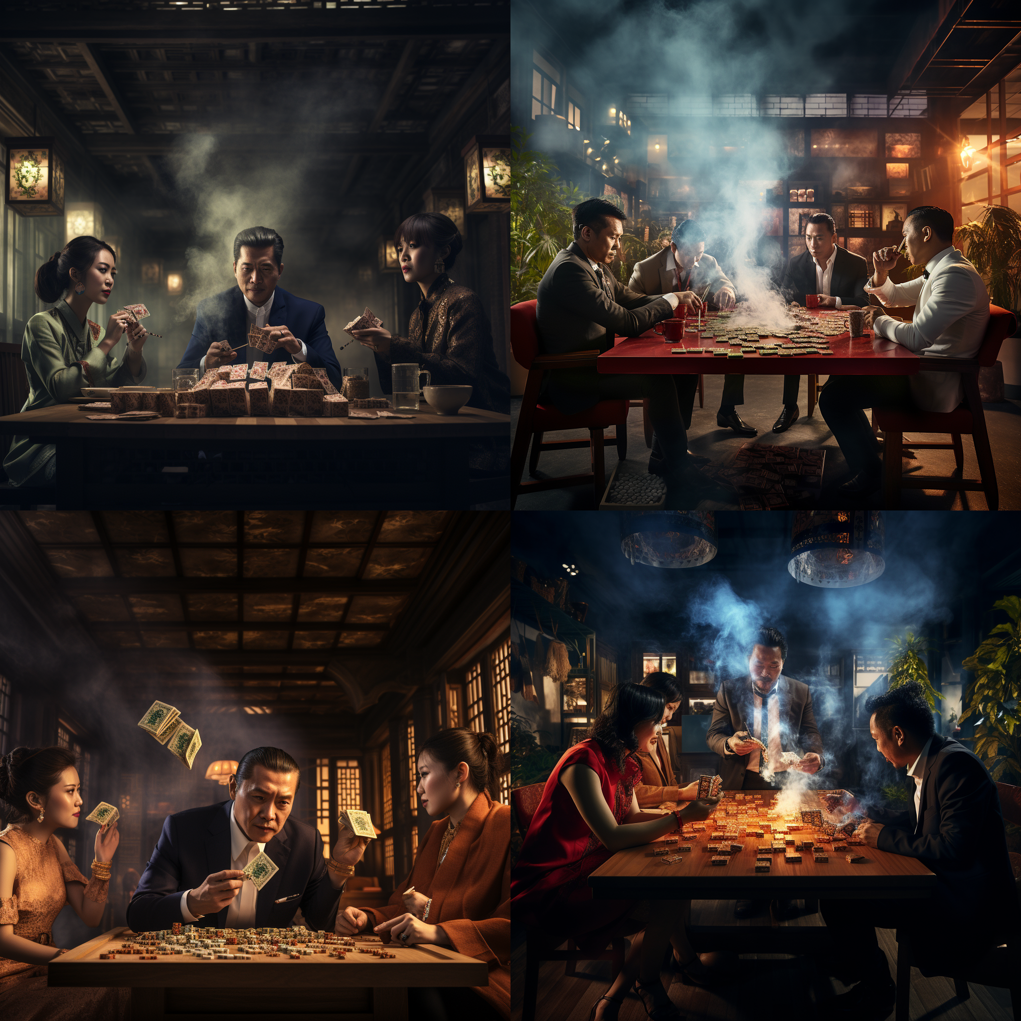 马斯克打麻将，四人对坐在室内，伴随着抽雪茄的烟雾。构图突出四人的对弈场景，采用高对比度的风格，展现紧张与激情。镜头使用广角，呈现整个房间的环境。光线侧面照射，营造戏剧性的效果。色调以暖色调为主，增加氛围。