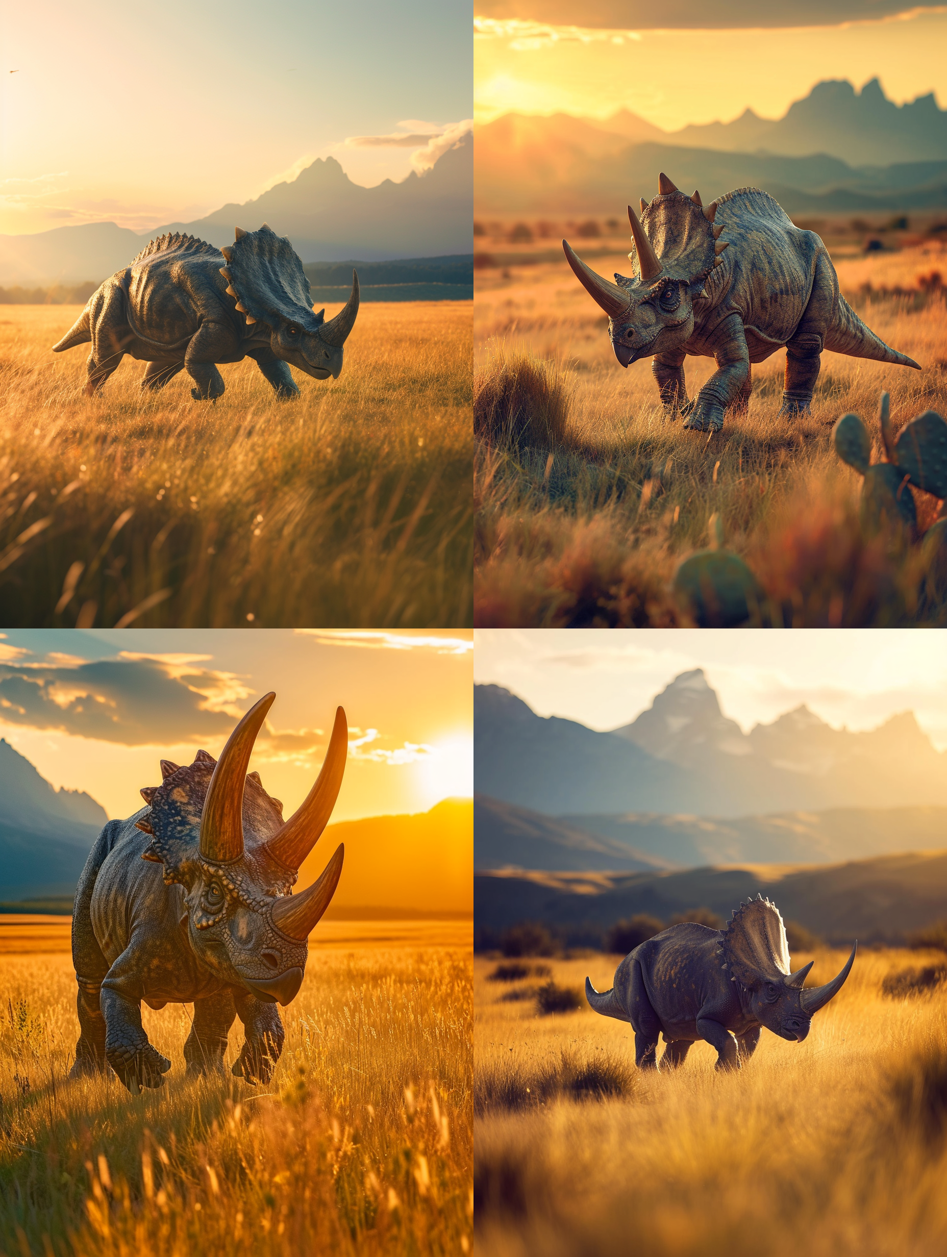 侏罗纪triceratops，夕阳下的大草原，中景构图，远处有山脉。逆光照射，柔和色调，长焦镜头，细节清晰。triceratops优雅地行走，它的角和皮肤纹理被捕捉到。与大自然完美融合的暖色调，展现出力量与宁静。