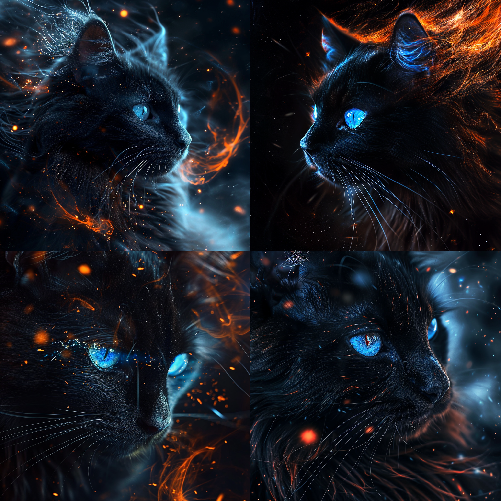 黑色长发的美丽黑猫，明亮的蓝眼睛被飘逸的光粒环绕，特写照片，美丽，超现实主义与超写实渲染相结合，巧妙运用photoshop进行数字图像处理，动感构图和戏剧性照明，黑暗核心，霓虹亮蓝、黑色、霓虹橙。