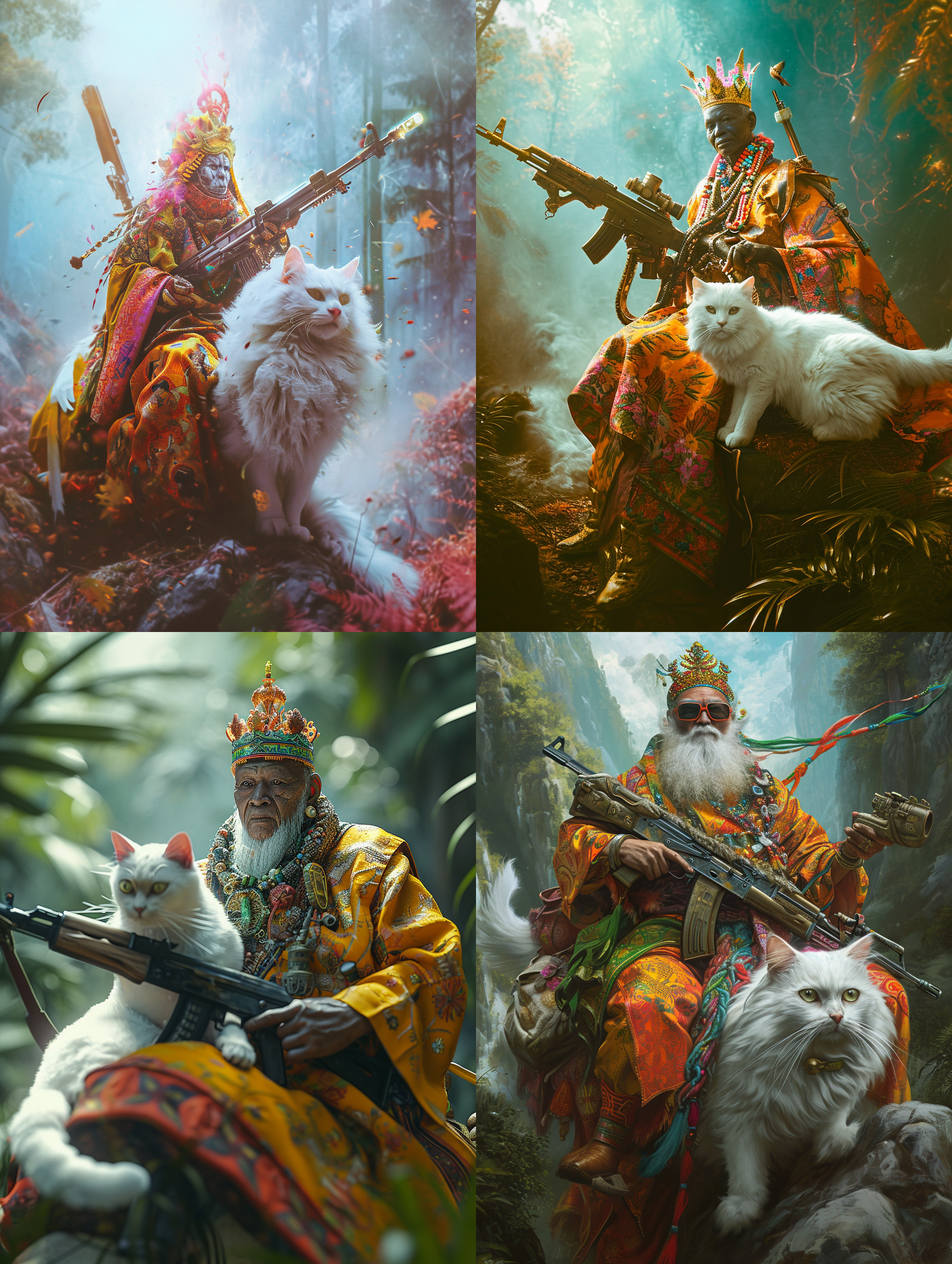 和尚骑白猫，森林环绕，ak47步枪，凤冠，五彩霞衣，光束照射，迷幻色调，长焦镜头，背光，凝视，神秘。