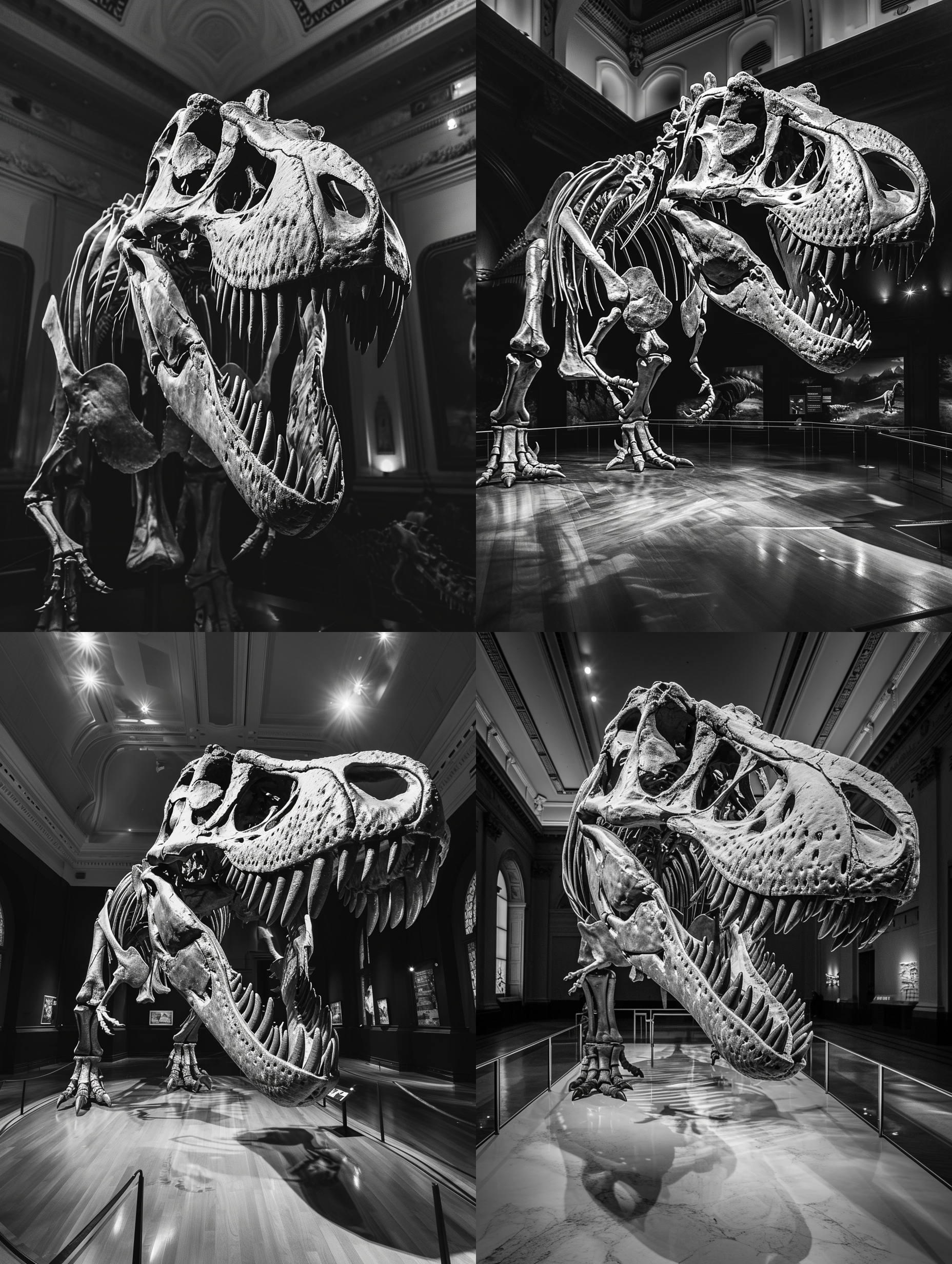 霸王龙，雄伟的化石，展示在博物馆中，黑白照片，大气磅礴，骨头细节清晰可见，透视构图，远景，中长焦距镜头，柔和灯光，静态，恐怖，庄严。
