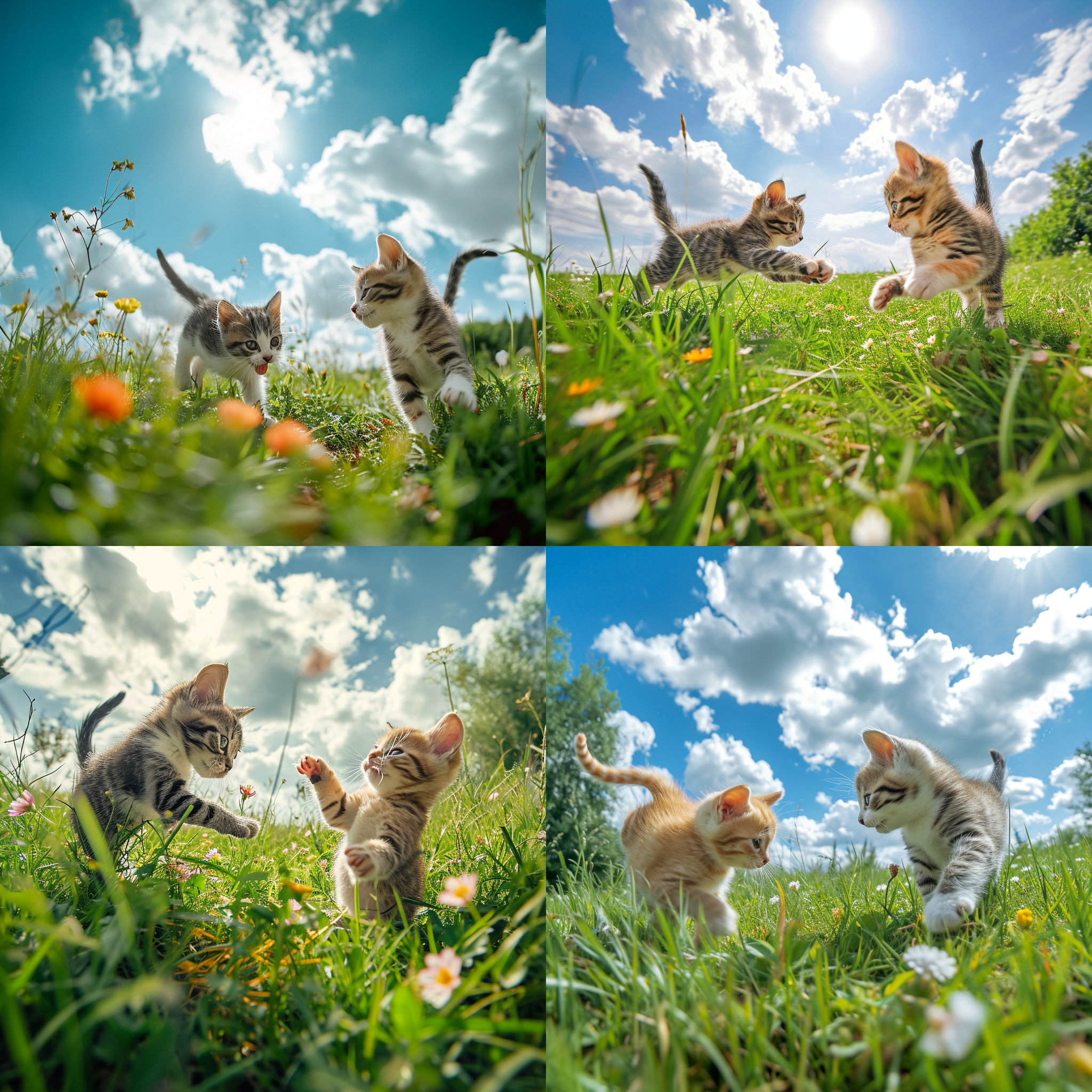 两只小猫咪嬉戏在毛茸茸的嫩绿草原上，一只是美国短毛猫，另一只是中华田园猫。碧蓝天空和白云朵朵，草地上点缀着五彩斑斓的小野花。对角线构图，自然环境，柔和色调，广角镜头，自然光，跳跃动作，活泼欢快的氛围。