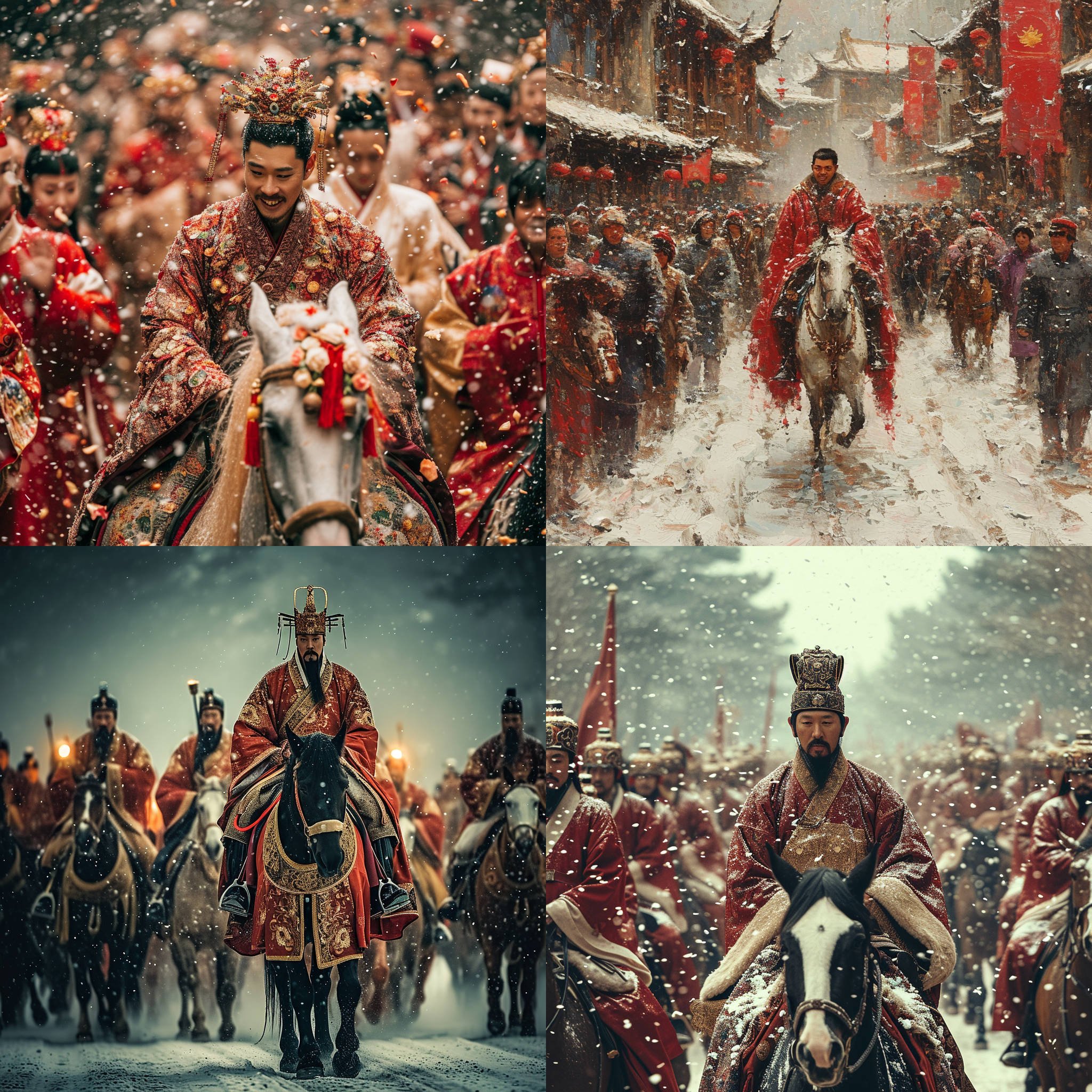 中国新郎骑着高头大马，迎接新娘，随从敲锣打鼓，广角镜头，电影场景，明清街景，冬天雪地，逆光，红色氛围