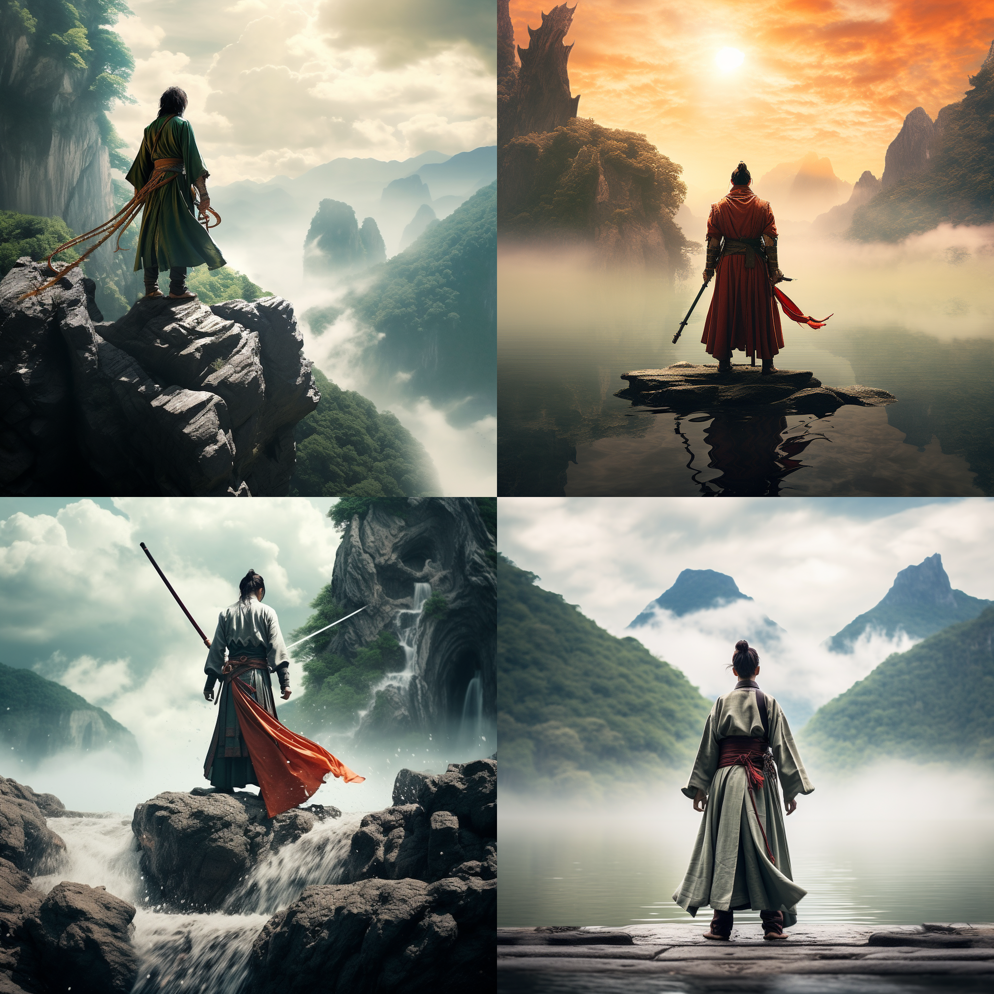 仙剑奇侠传，中国，古装。主题为一位剑客独自立于悬崖之上，远处是壮丽的山水风景。构图呈对角线布局，运用广角镜头展现广阔的环境。照片采用古典色调，突出中国古代文化氛围。光线柔和而温暖，照亮剑客的侧脸。他手持宝剑，身姿挺拔，表情坚毅，彰显英雄气概。