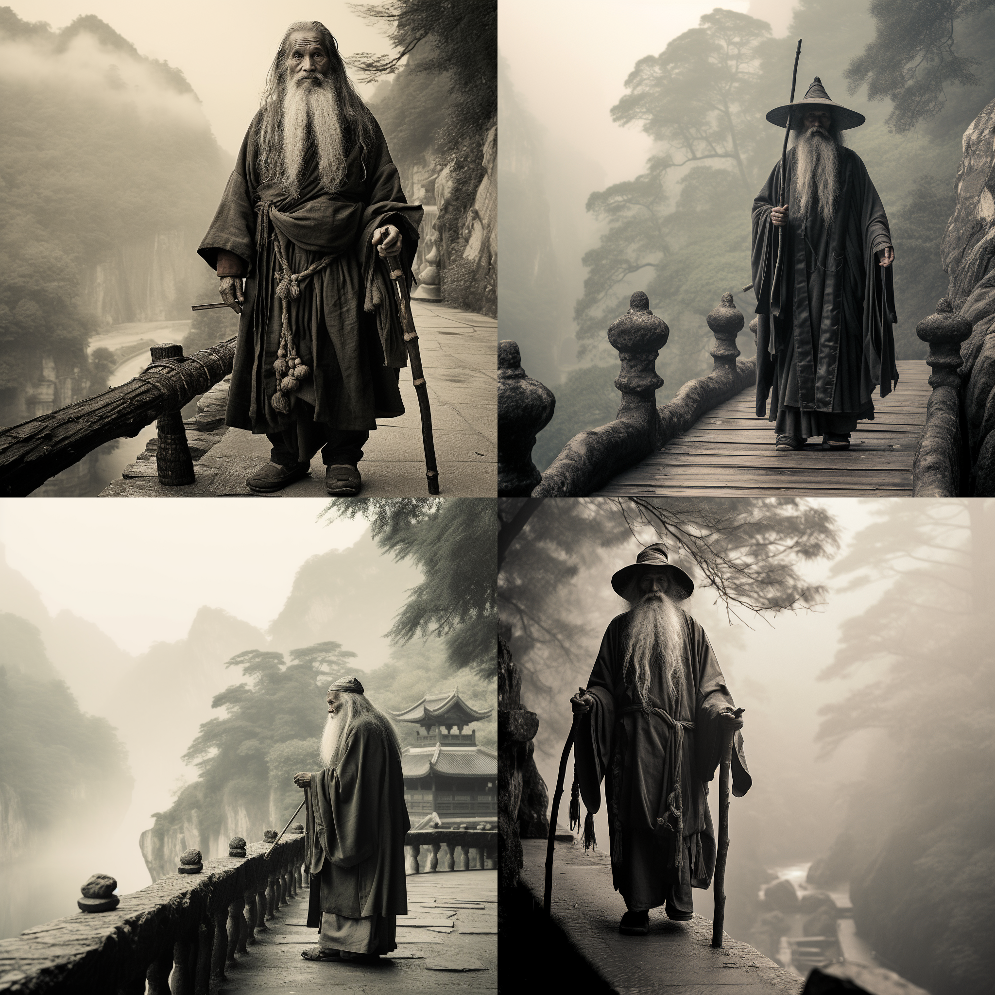 梦境解释者，中国，古装老人，道士。在雾气缭绕的山谷中，一位古装老人身着道袍，手持拂尘，目光沉静而深邃。他站在一座古老的石桥上，桥下是流淌的溪水和青山绿树。照片采用高对比度的黑白风格，增强了神秘感与古朴气息。