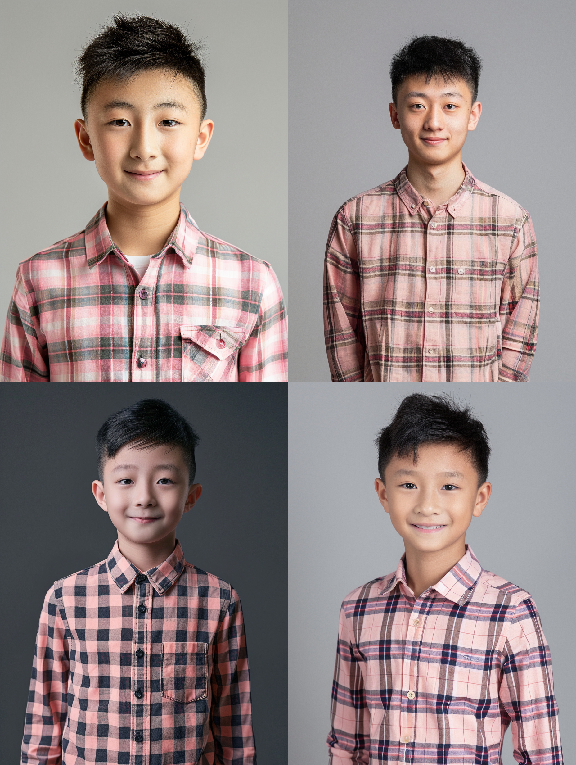 a beautiful boy,25-years-old,chinese,smile,pink collared shirt,plaid,studio,gradient grey background,front view, full body,long shot,symmetric,rembrandt lighting,ultra realistic