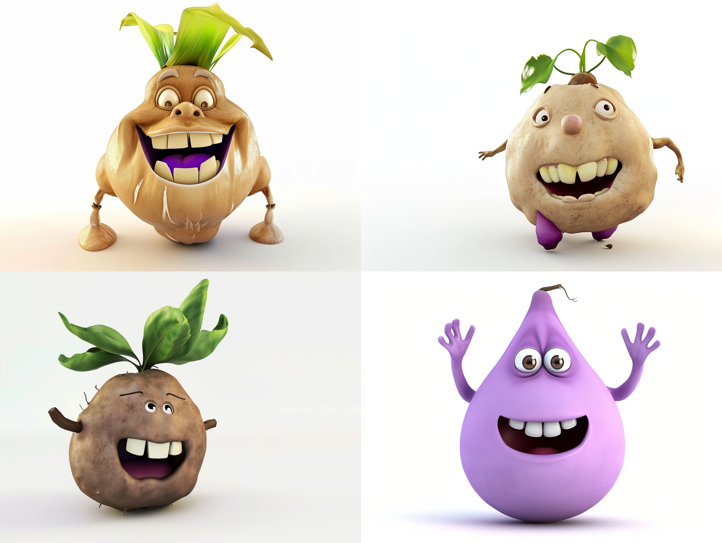 一颗开心的卡通芋头， 微笑，c4d渲染效果，白色背景