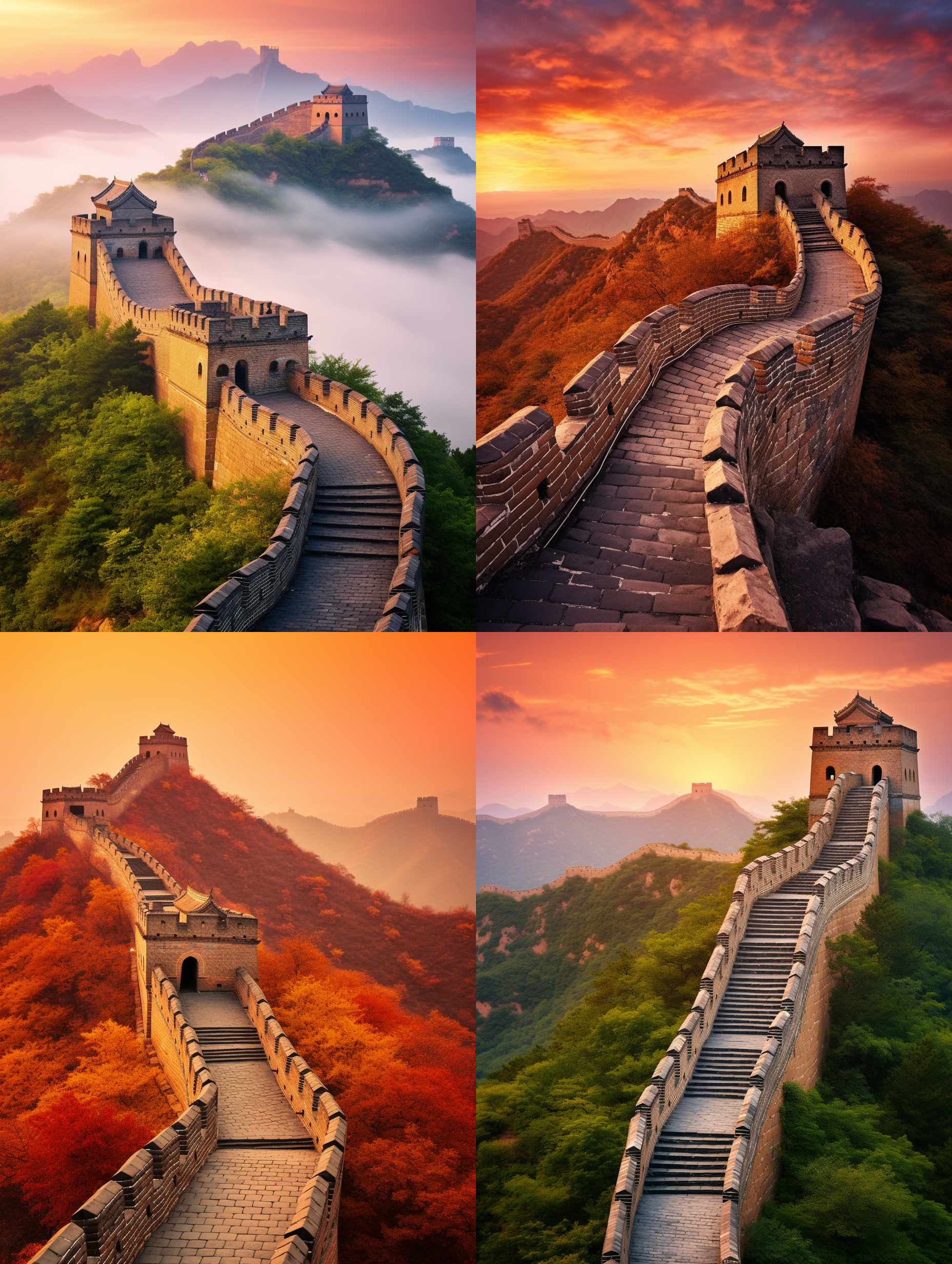 万里长城，日出东方，特写镜头