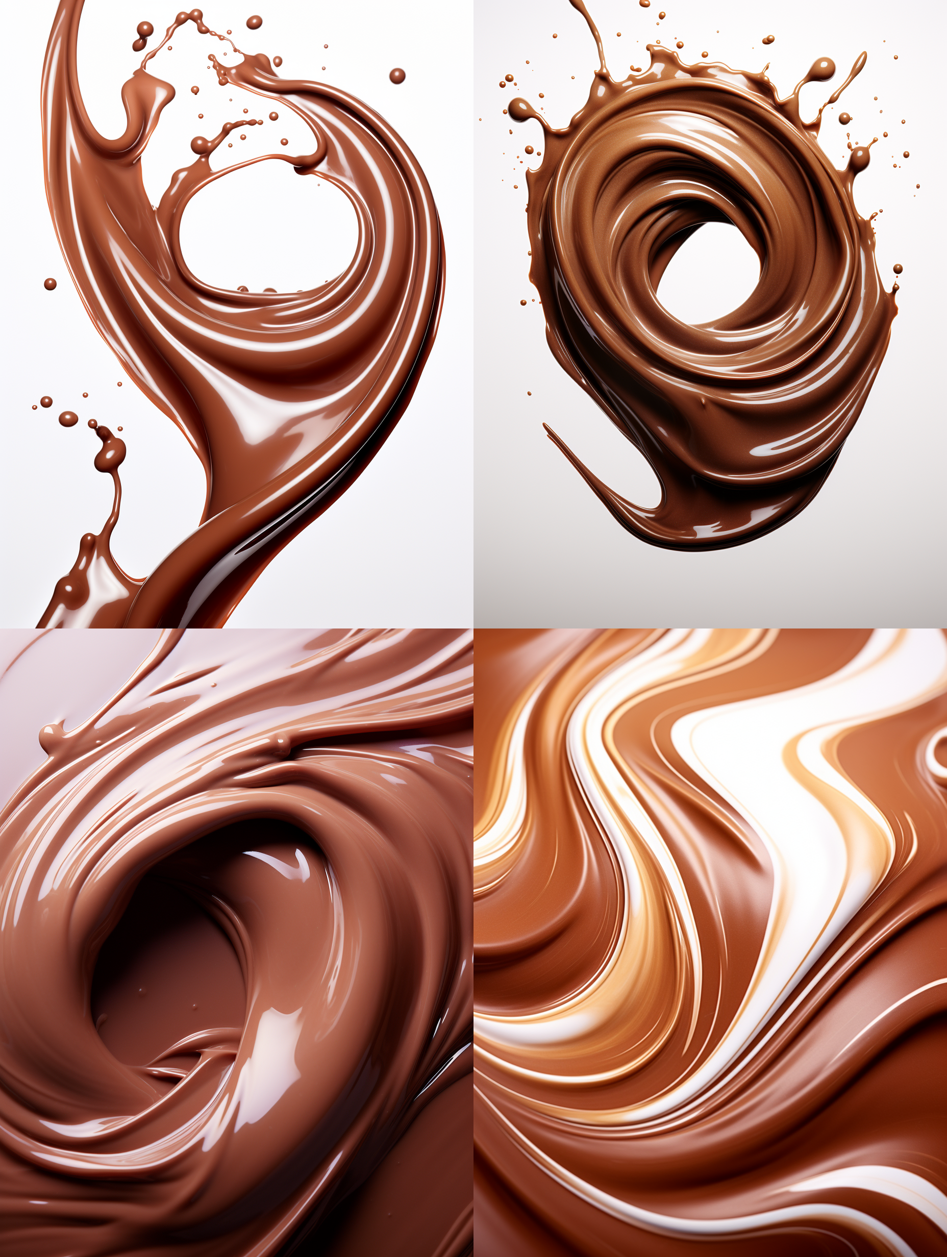 巧克力，丝滑，白色背景，高饱和度，正中布局，微距镜头，柔光，流动，诱人，浓郁。