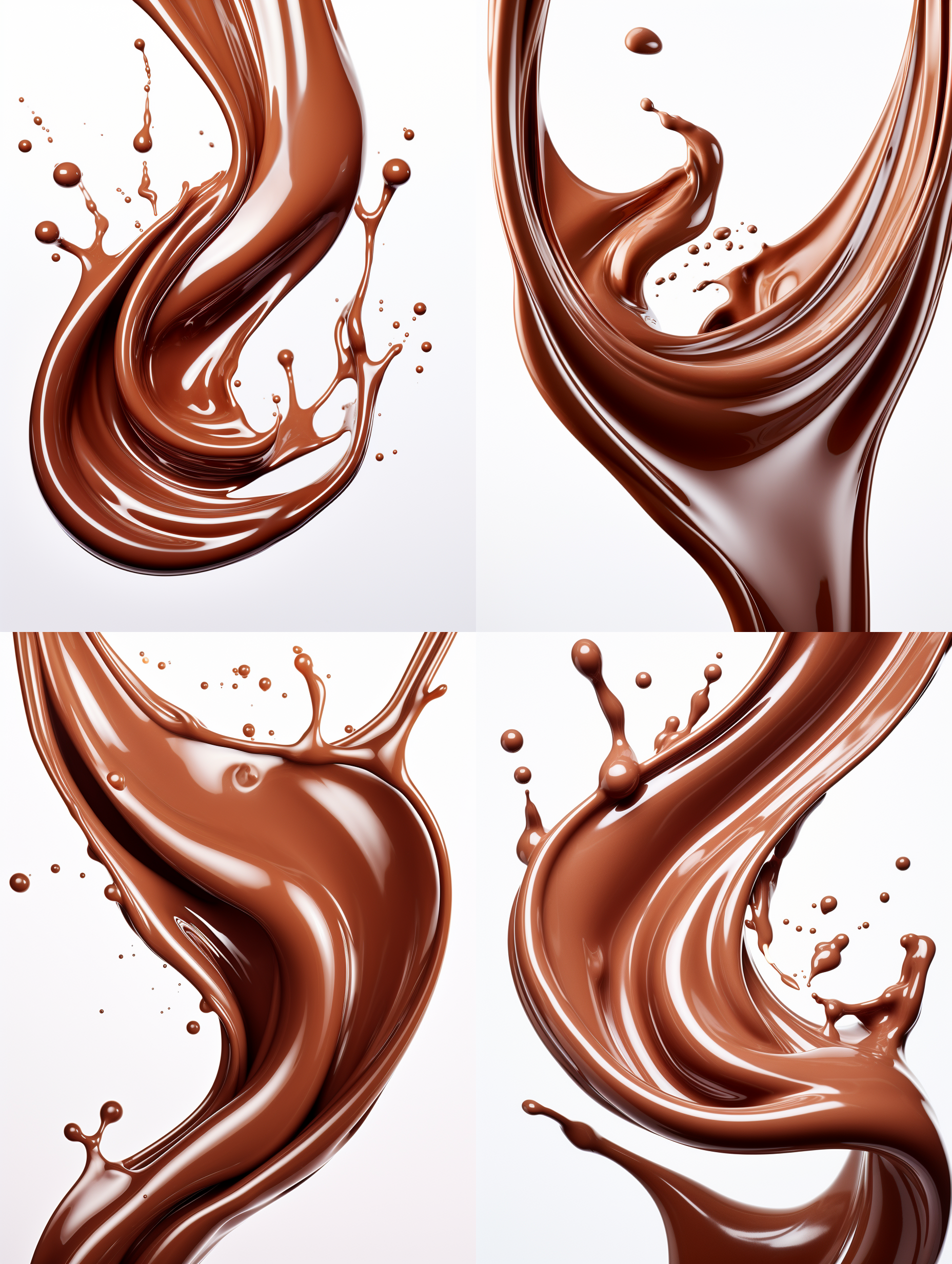 巧克力，丝滑，白色背景，高饱和度，正中布局，微距镜头，柔光，流动，诱人，浓郁。