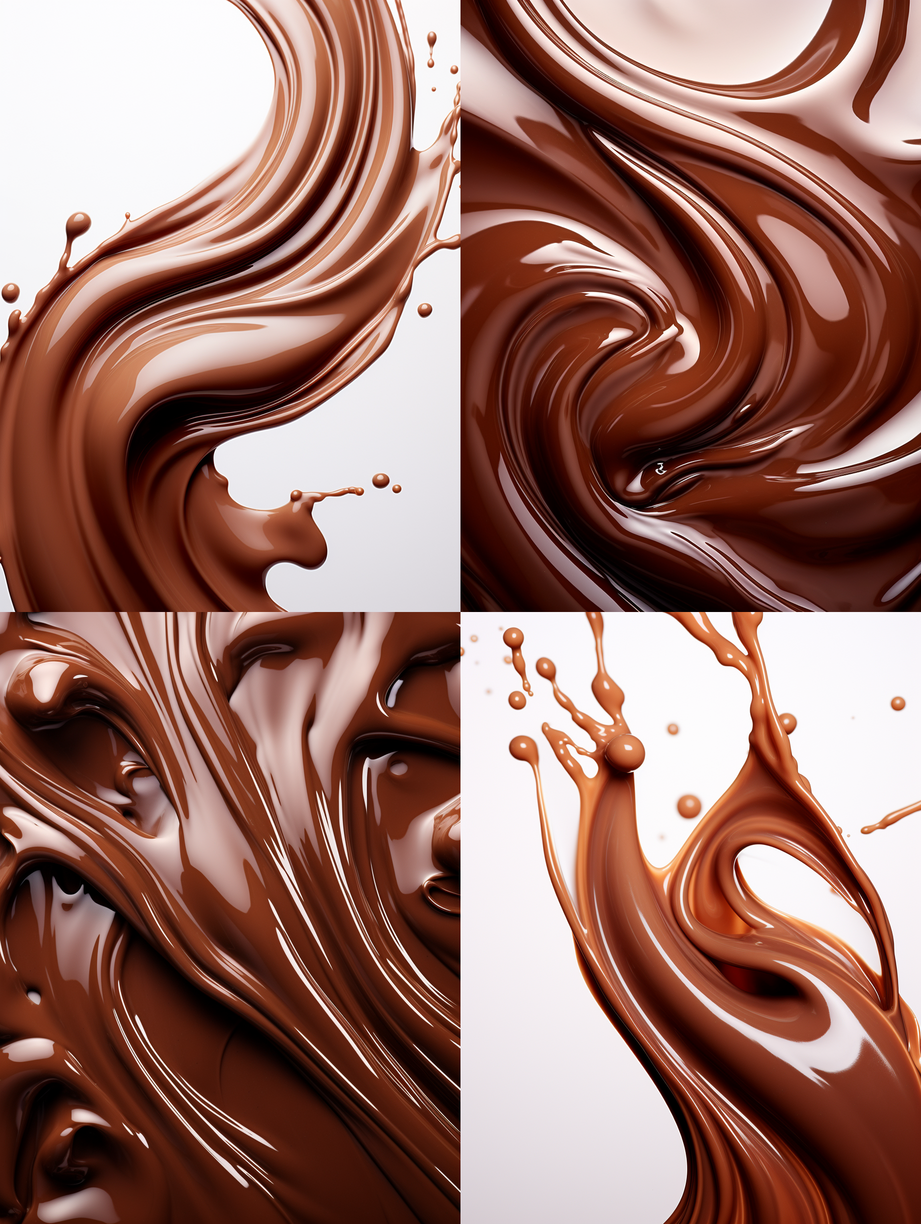 巧克力，丝滑，白色背景，高饱和度，正中布局，微距镜头，柔光，流动，诱人，浓郁。