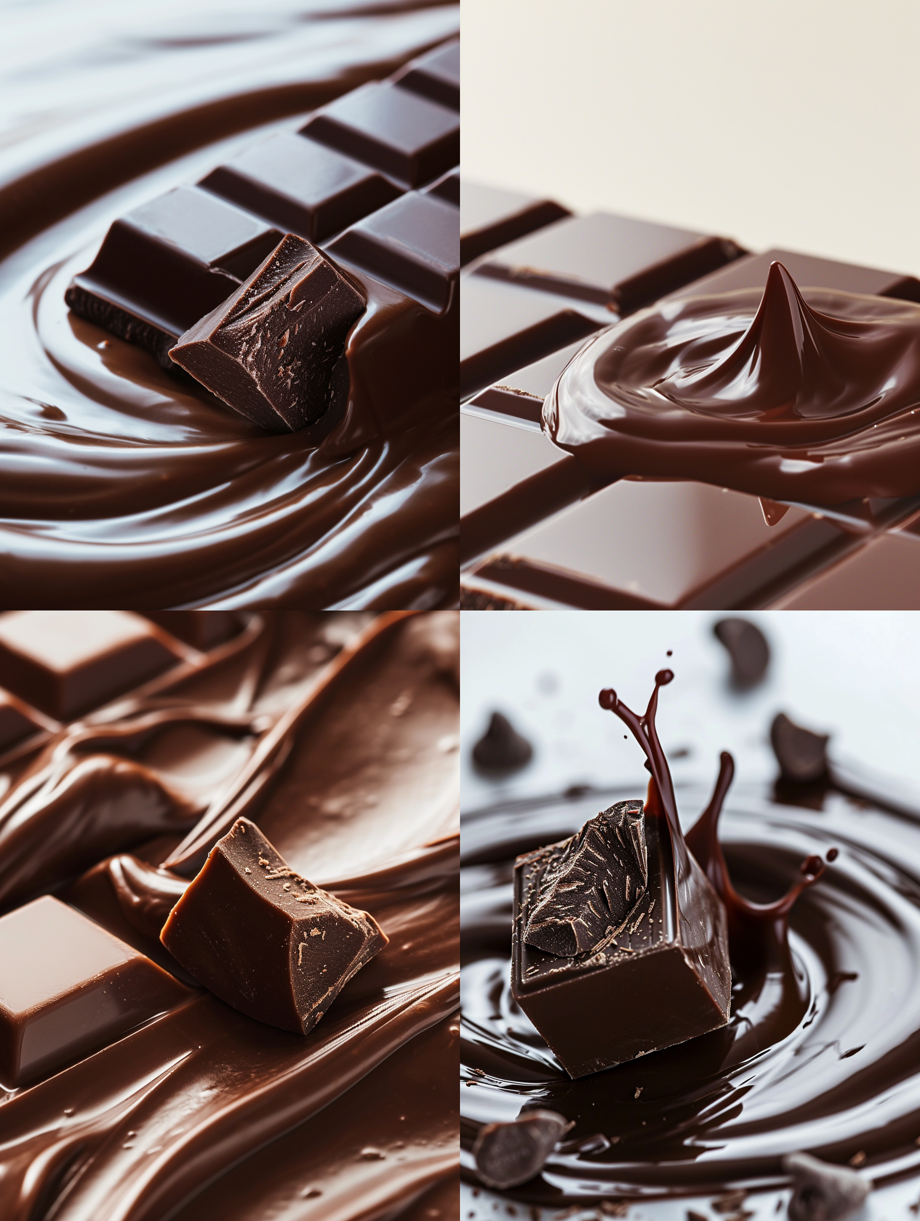 一块巧克力，方形，丝滑，白色背景，高饱和度，正中布局，微距镜头，柔光，流动，诱人，浓郁。