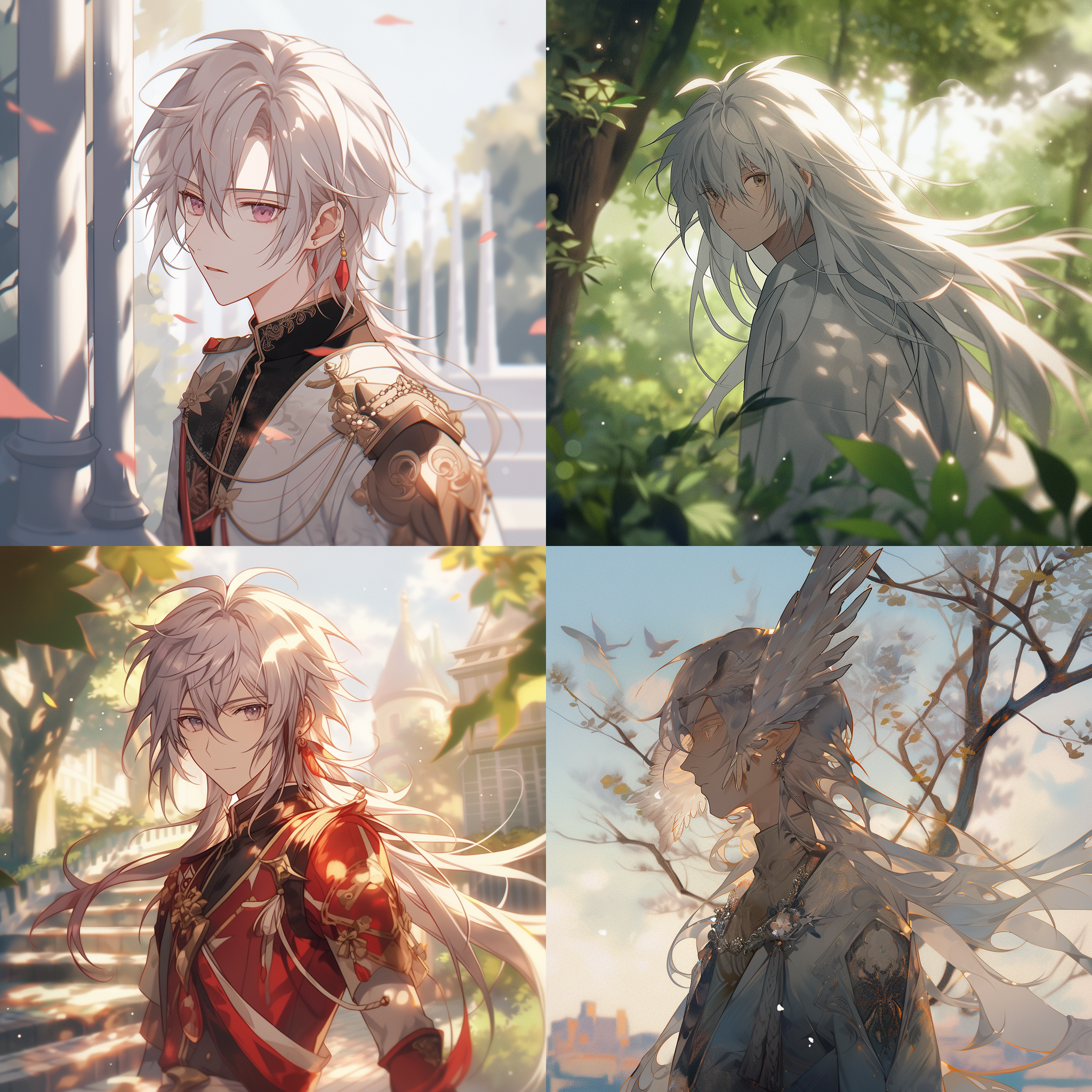 帅气银发男子，古风元素，细节丰富，立体感，远景树木背景，动漫风格，明亮色调，透视效果，广角镜头，阳光照射，动态姿势，飘逸长袍，自信坚毅，宏大气势。