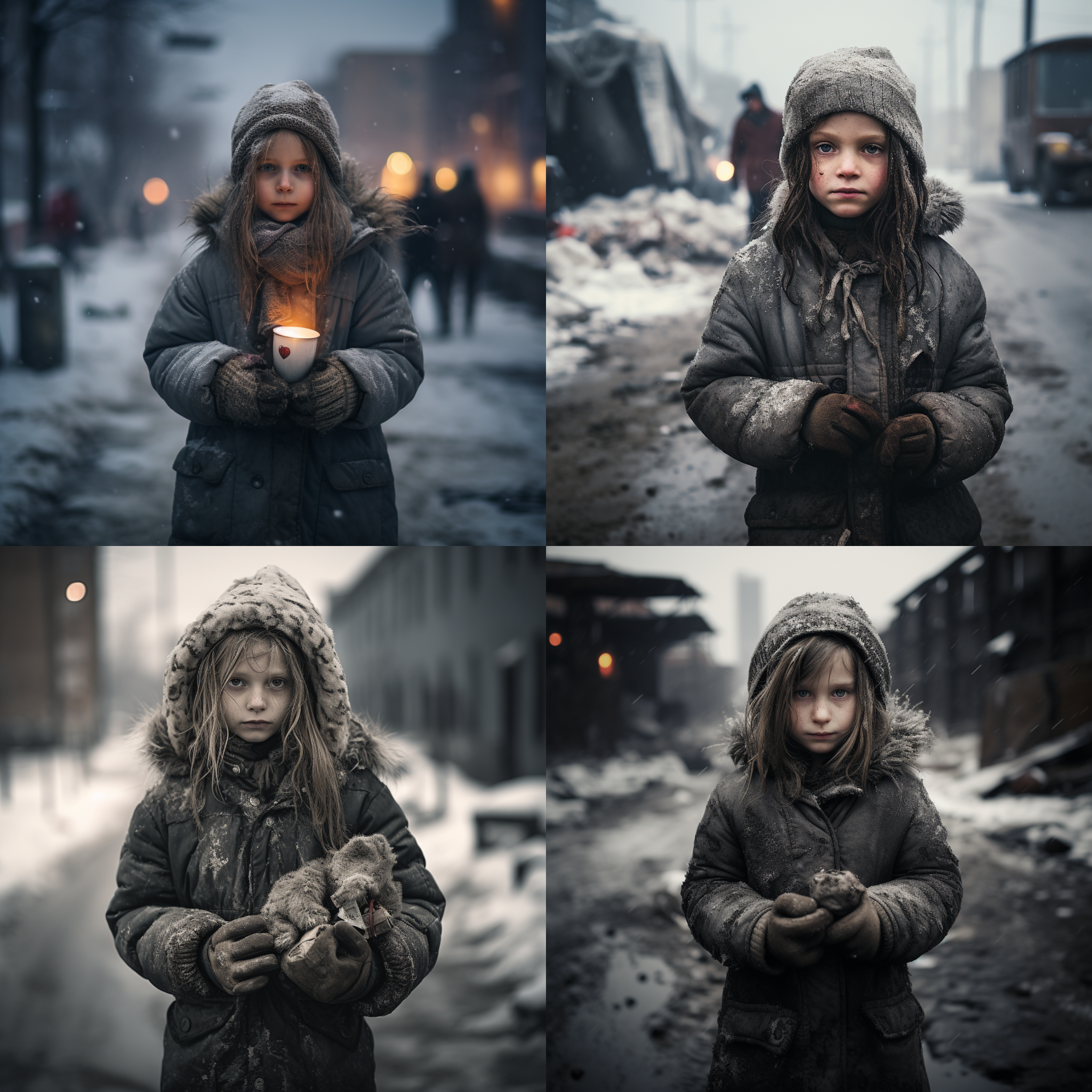 卖火柴的小女孩，冰天雪地，心走，瘦小身材，破烂衣服，黑白风格，远景构图，广角镜头，清晰焦点，寒冷气氛，无人街道，冷色调，哀伤。