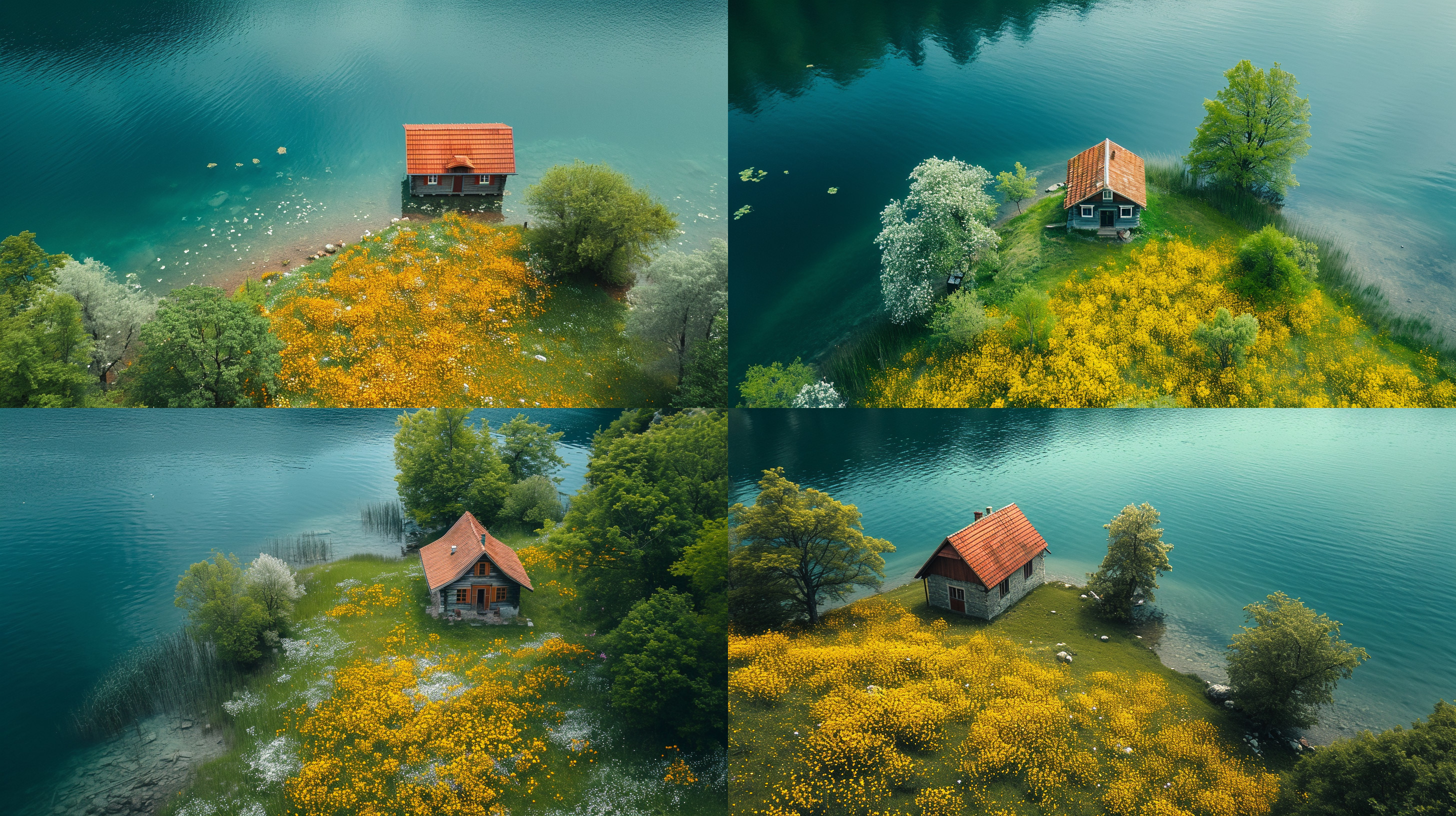 清泉，野花，湖边小屋，drone shot of minimalist