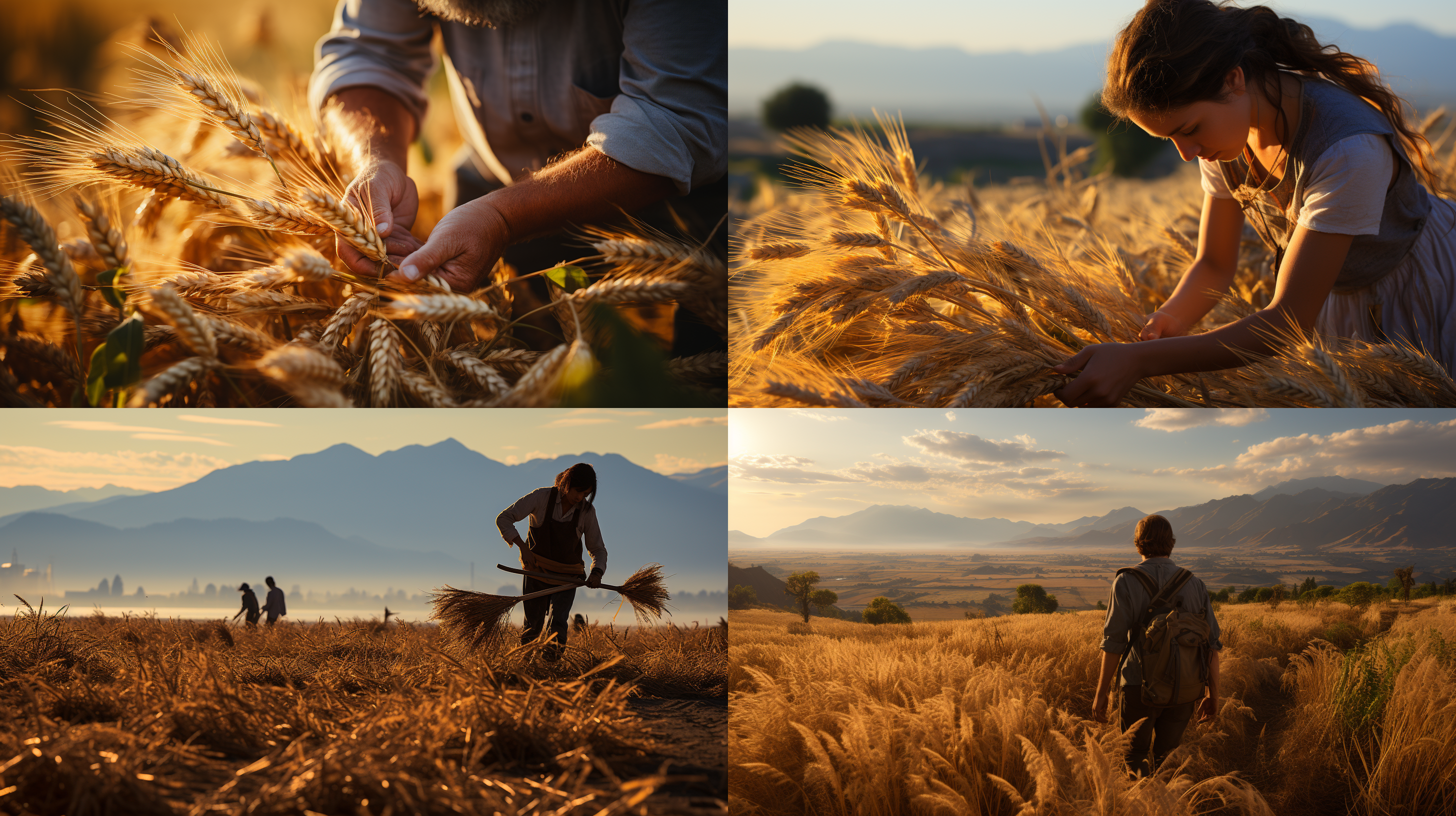农民辛勤劳作，黄昏时分，金色麦浪覆盖整个画面，形成波浪状，远处的山脉与天空融为一体，构成对比。广角镜头捕捉到广阔的农田景观，细节清晰可见。农民弯腰劳作，手中握着锄头，表情专注而坚定。温暖的色调和柔和的光线增添了宁静与温馨感。农民的辛勤劳作展现出奋斗与希望。努力，无私，自豪，诚实，宁静。