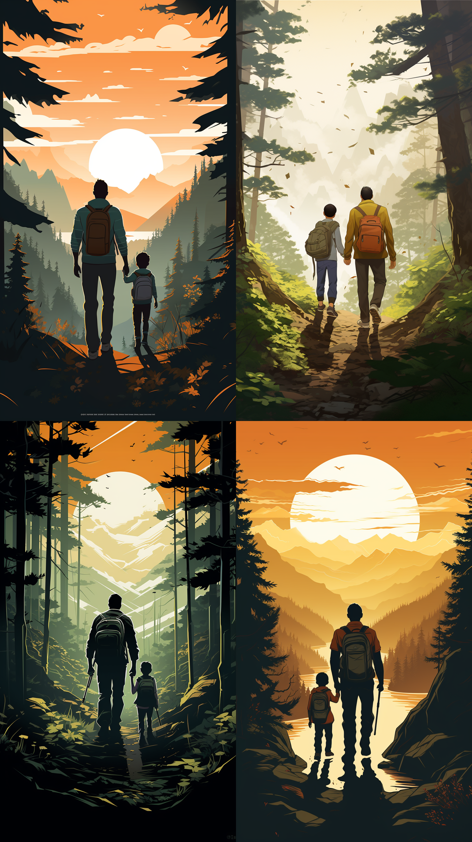 父子徒步旅行，树林环绕，倒映，中国80年代，父亲节，极简主义风格，平面插图，线条艺术，中长焦镜头，柔和光线，步伐坚定，温馨。