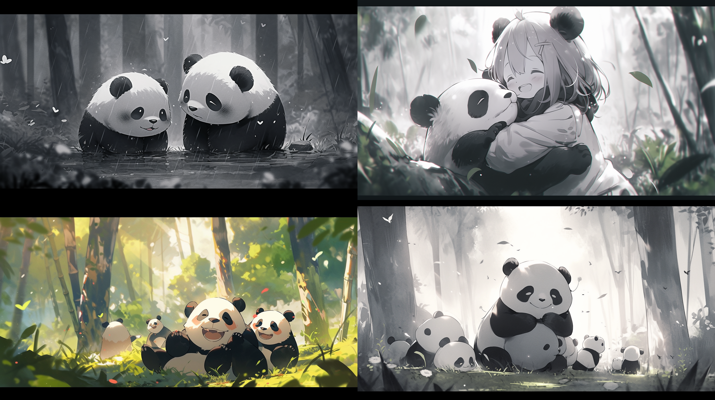 熊猫金虎，七仔，渝爱，可爱，胖胖的，萌萌的，森林里，自然环境，长焦镜头，柔和光线，亲昵，喜悦，黑白色调，欢快。