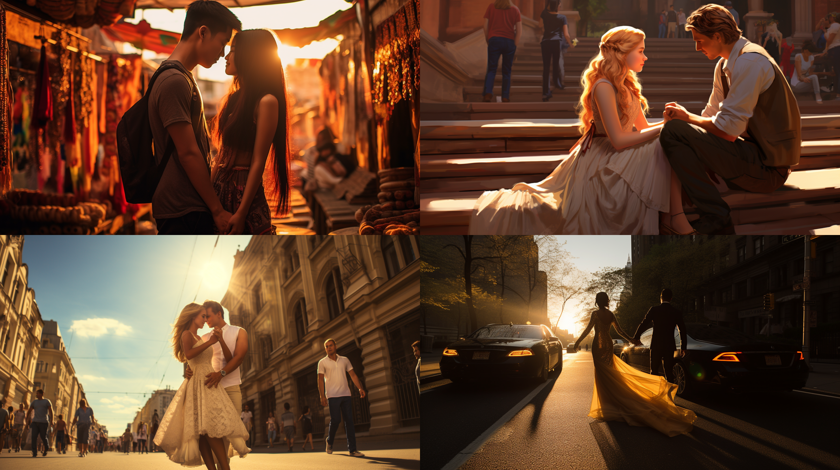 阳光照耀下，极其精致美丽的女孩和帅哥在繁华胡街道上邂逅。大场景中，广角镜头捕捉到车水马龙的热闹景象。明亮的阳光投射出温暖的色调，为画面增添浪漫氛围。俩人目光交汇，眼神中透露着爱意。