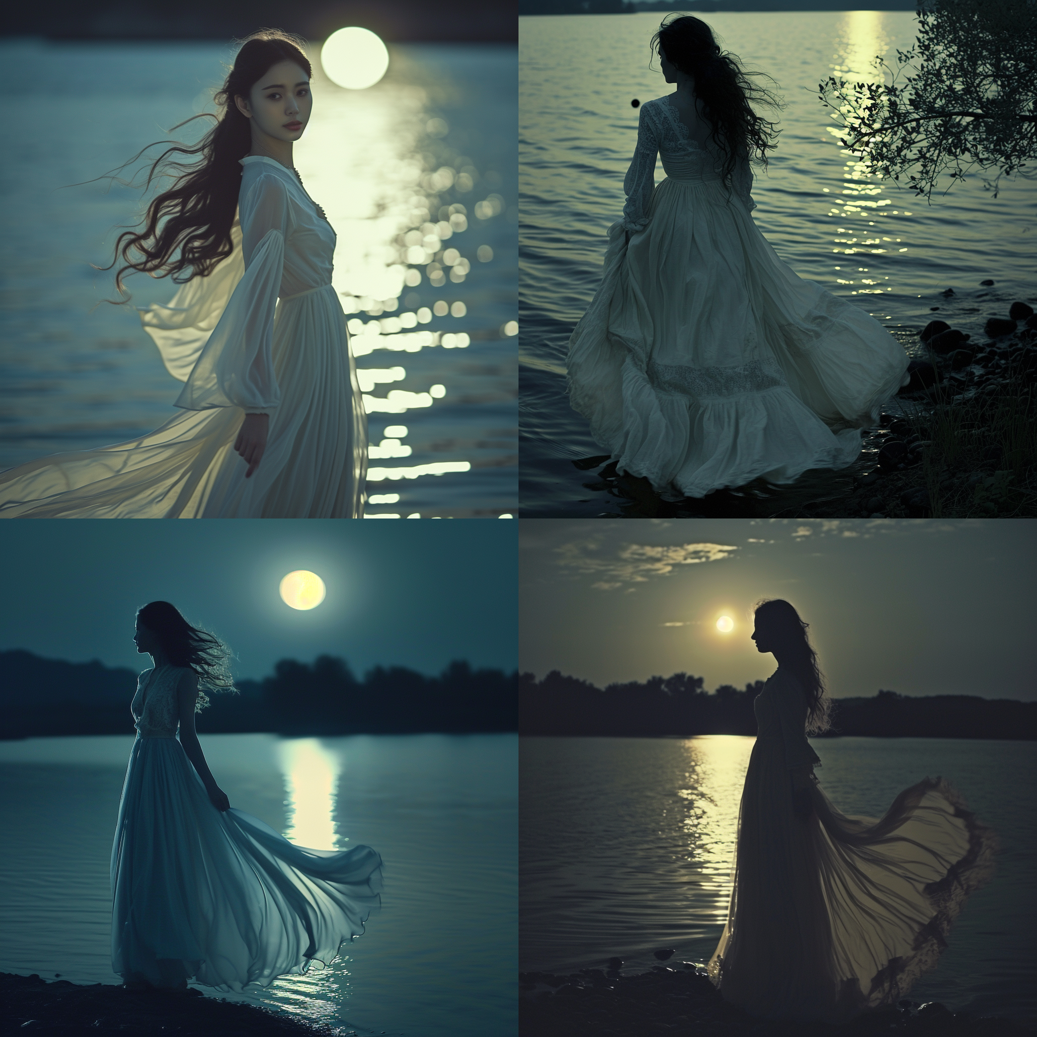 女子站在月光下，她身穿一袭飘逸的长裙，微风中发丝轻舞。她的眼神深邃，带着一丝忧伤和温柔。背景是一片宁静的湖泊，月光倒映其中，犹如一幅画卷。整个画面充满着浪漫和诗意。 月光，长裙，微风，眼神，忧伤，温柔，湖泊，倒映，画卷，浪漫，诗意。
